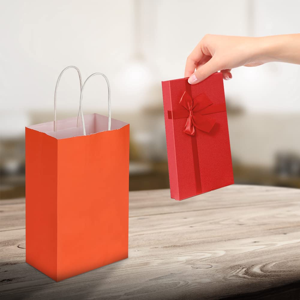 Oikss 100 Pack 5.25x3.25x8.25 Inch Small Orange Kraft Paper Bags with Handles Bulk for Birthday Wedding Party Favors Grocery Retail Shopping Business Goody Craft Gift Bags Cub Sacks (100pcs Count)