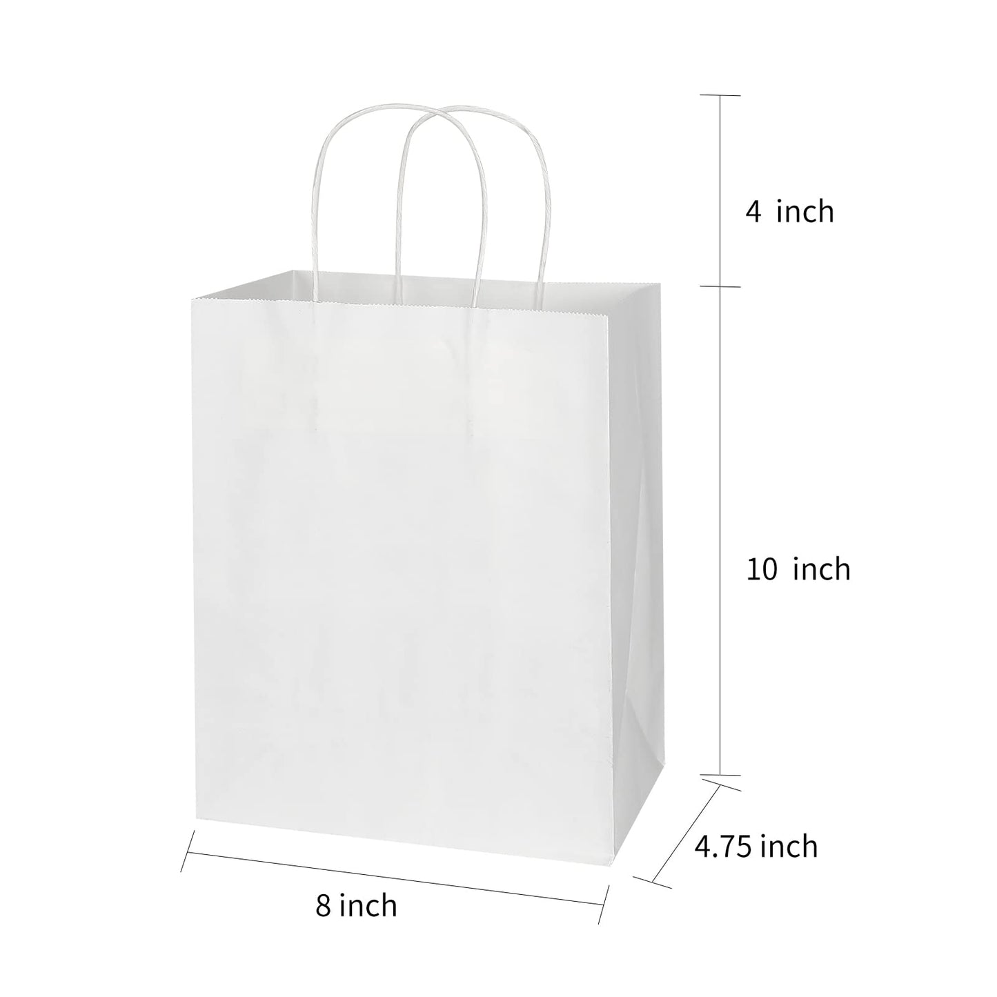 Toovip 100 Pack 8x4.75x10 Inch Medium White Kraft Paper Bags with Handles Bulk, Gift Wrap Bags for Favors Grocery Retail Party Birthday Shopping Business Goody Craft Merchandise Take Out Sacks