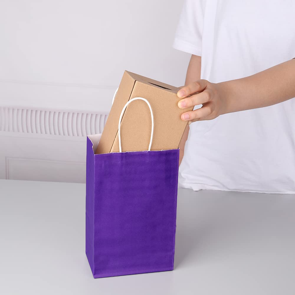 Oikss 100 Pack 5.25x3.25x8.25 Inch Small Purple Kraft Paper Bags with Handles Bulk for Birthday Wedding Party Favors Grocery Retail Shopping Business Goody Craft Gift Bags Cub Sacks (100pcs Count)