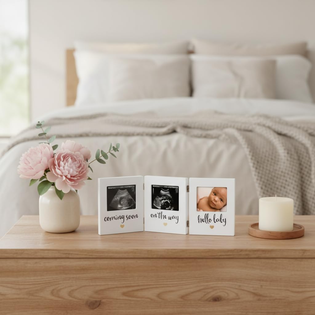 Pearhead Triple Sonogram Keepsake Photo Frame, Gender Neutral Ultrasound Keepsake, Ideal Pregnancy Gift For First Time Moms, Baby Shower and Nursery Decor, 3.5”x2.5” Photo Insert, White