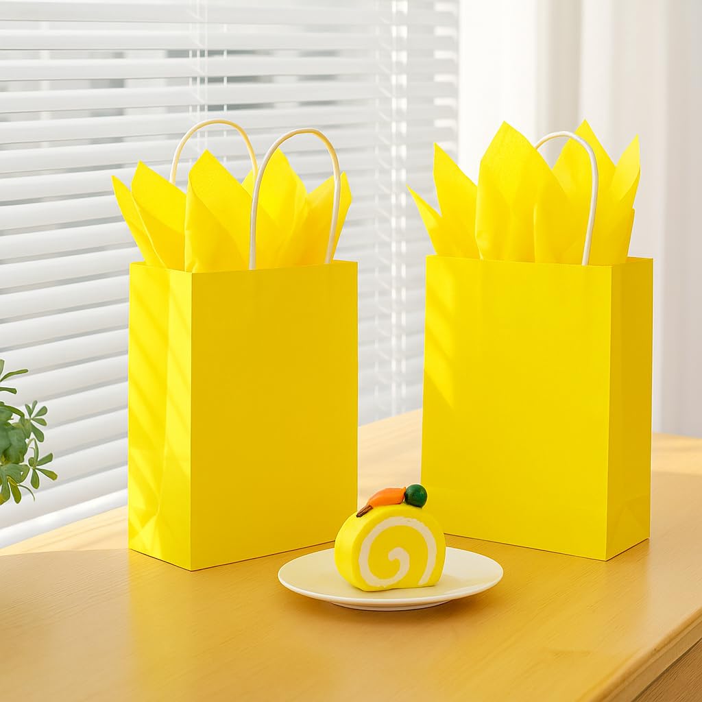 SUNCOLOR 24-Pack Yellow Paper Gift Bags with Handles, 7.9x5.12x3.15 Inches,Small Kraft Paper Bags, Includes Tissue Paper for Parties, Birthdays, Easter, Baby Showers
