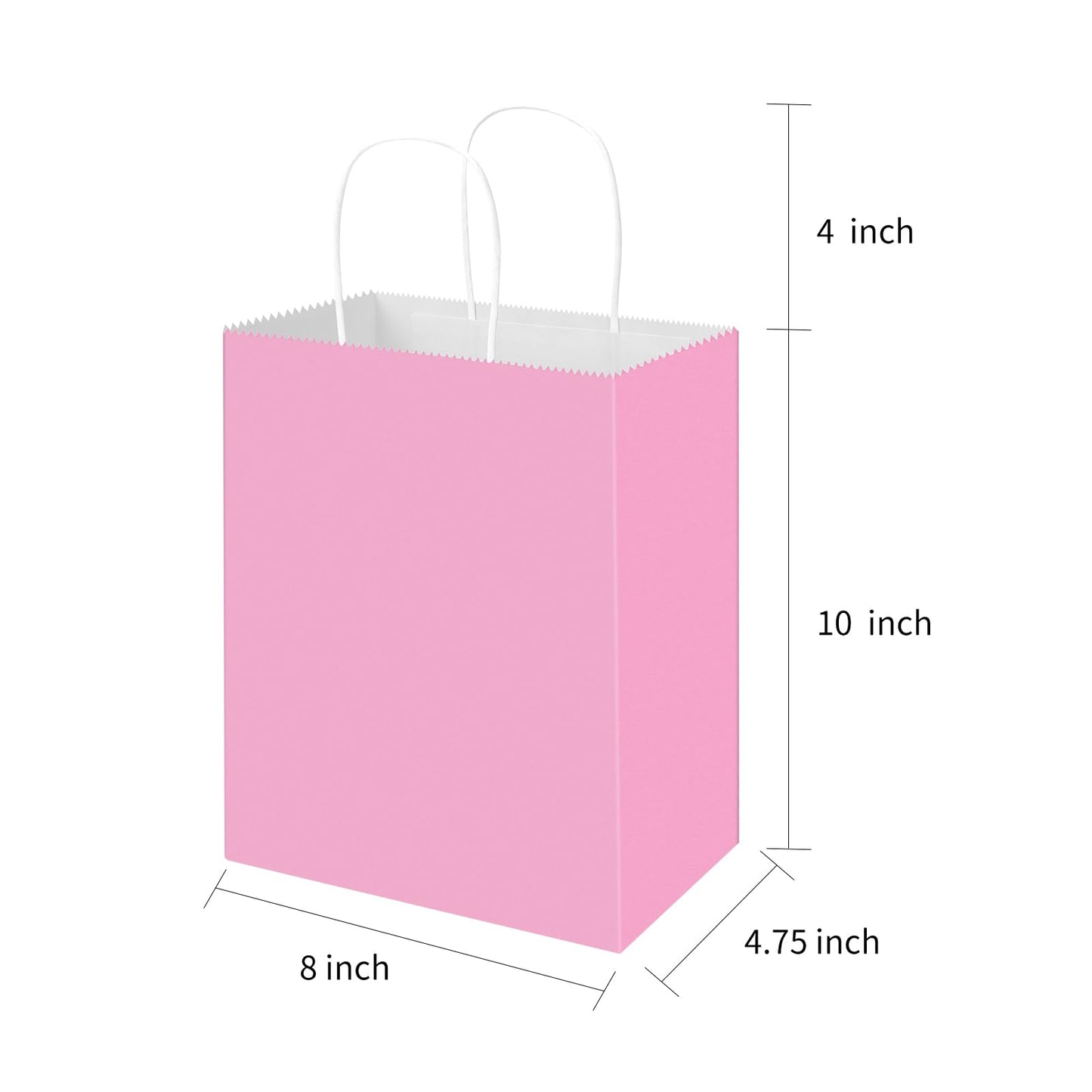 Toovip 100 Pack 8x4.75x10 Inch Medium Light Pink Kraft Paper Bags with Handles Bulk, Gift Wrap Bags for Favors Grocery Retail Party Birthday Shopping Business Goody Craft Merchandise Take Out Sacks