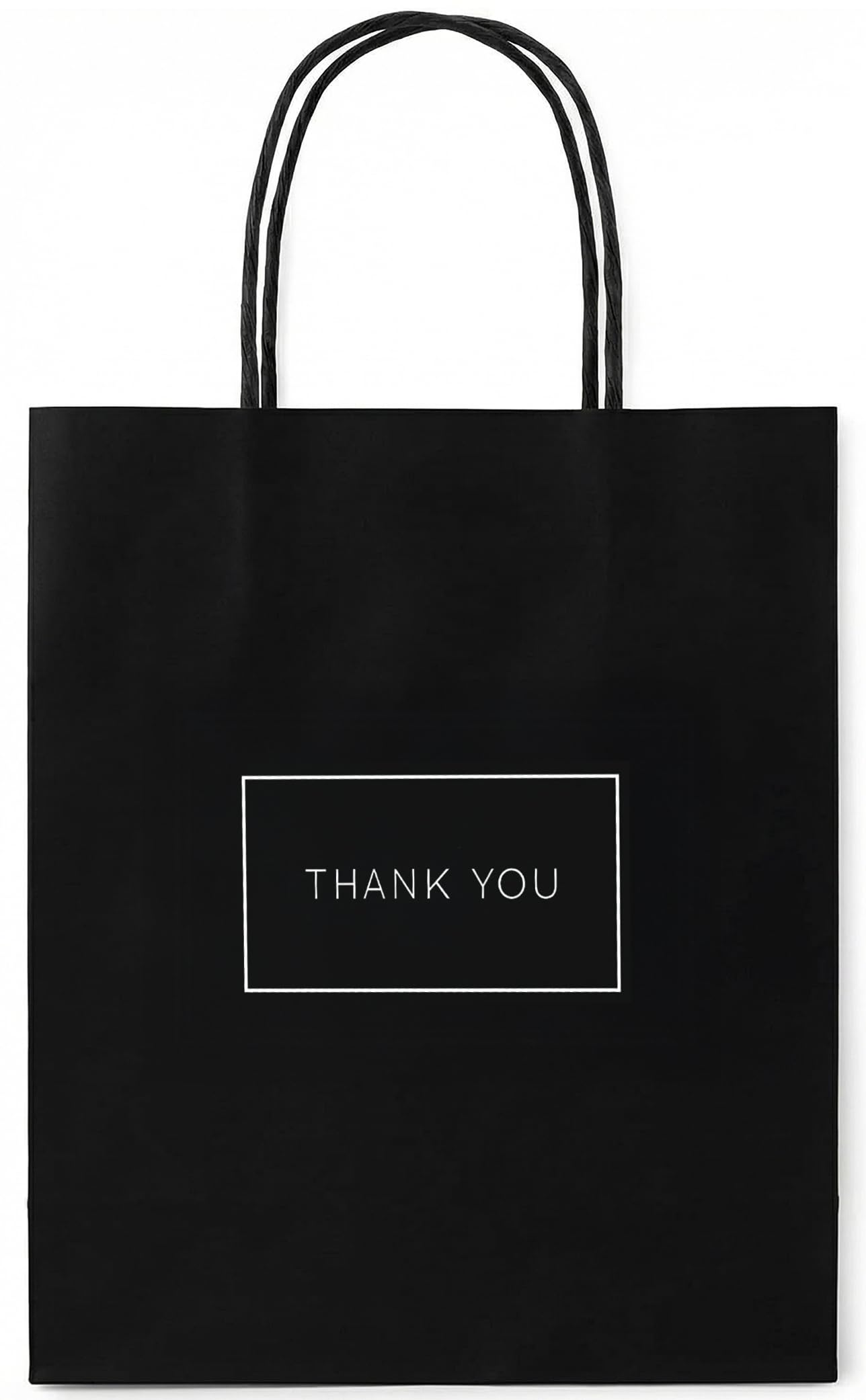 Purple Q Crafts Small Paper Thank You Gift Bags with Handles – 8x4x10 Inches, Strong Quality 50 Pack Black Shopping Bags with Thank You Logo