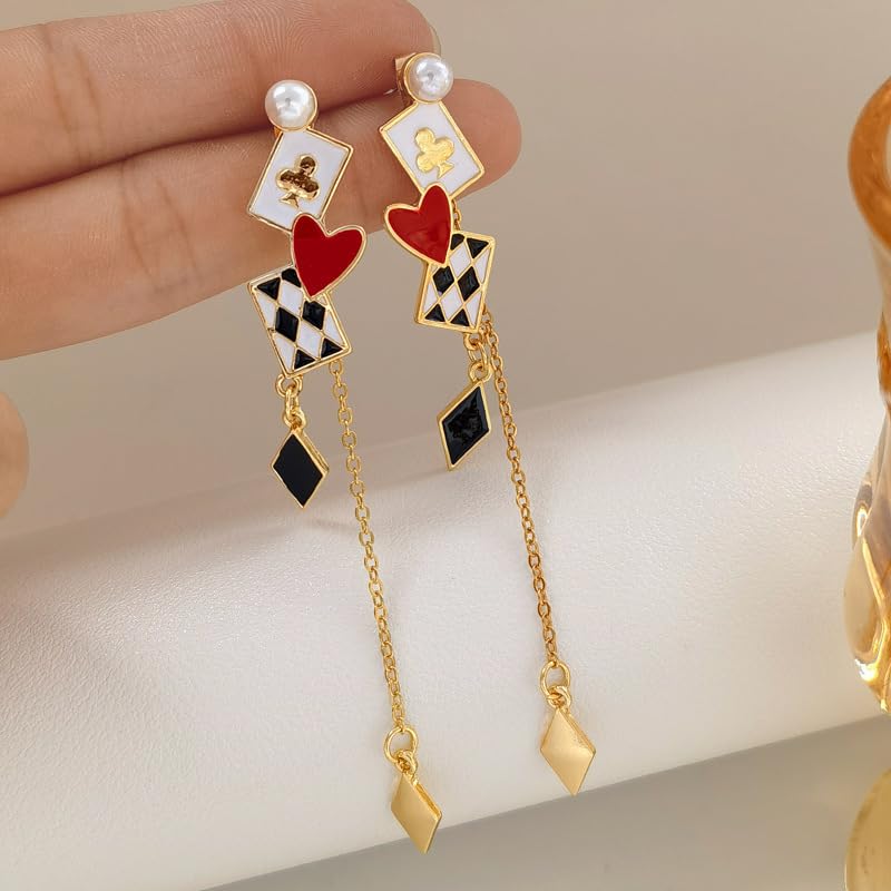 Unique Poker Earrings for Women Creative Playing Cards Ace Hearts Clock Funny Long Dangle Earrings Gambling Casino Jewelry Gifts