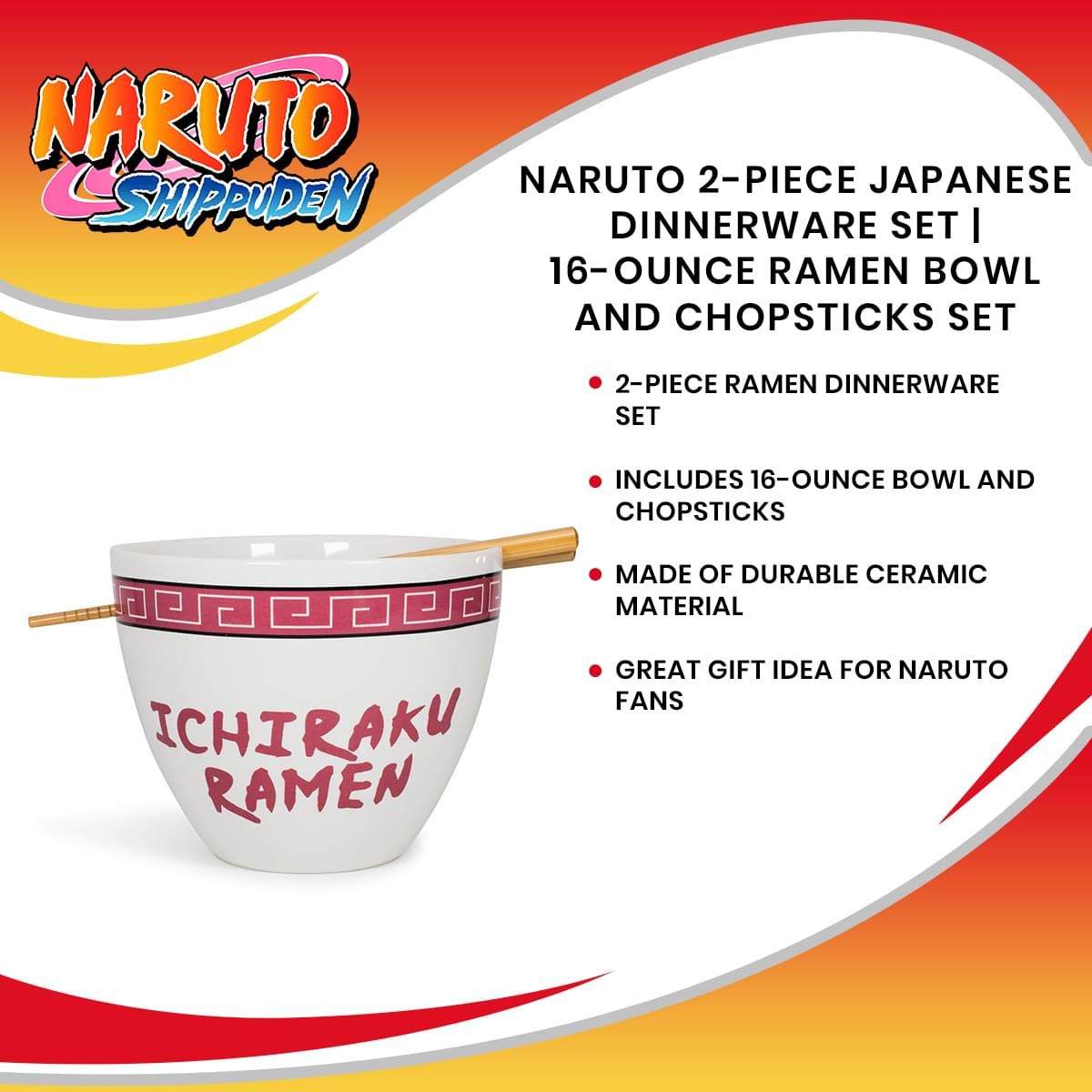 Naruto "Ichiraku Ramen Japanese Ceramic Dish Set | 16-Ounce Ramen Bowl and Chopsticks Set