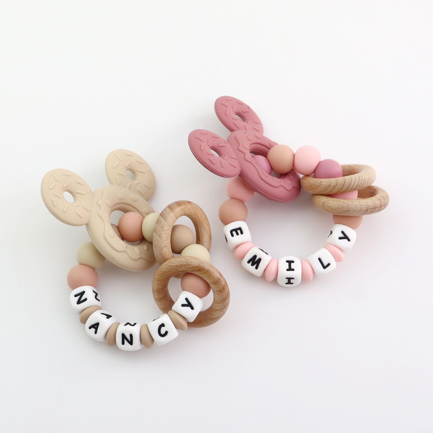 Personalized Baby Teether with Name - Custom Mouse Silicone Teether & Natural Wooden Ring for Boys & Girls - Handmade Unique Baby Shower Gift for Infants & Toddlers (Khaki)