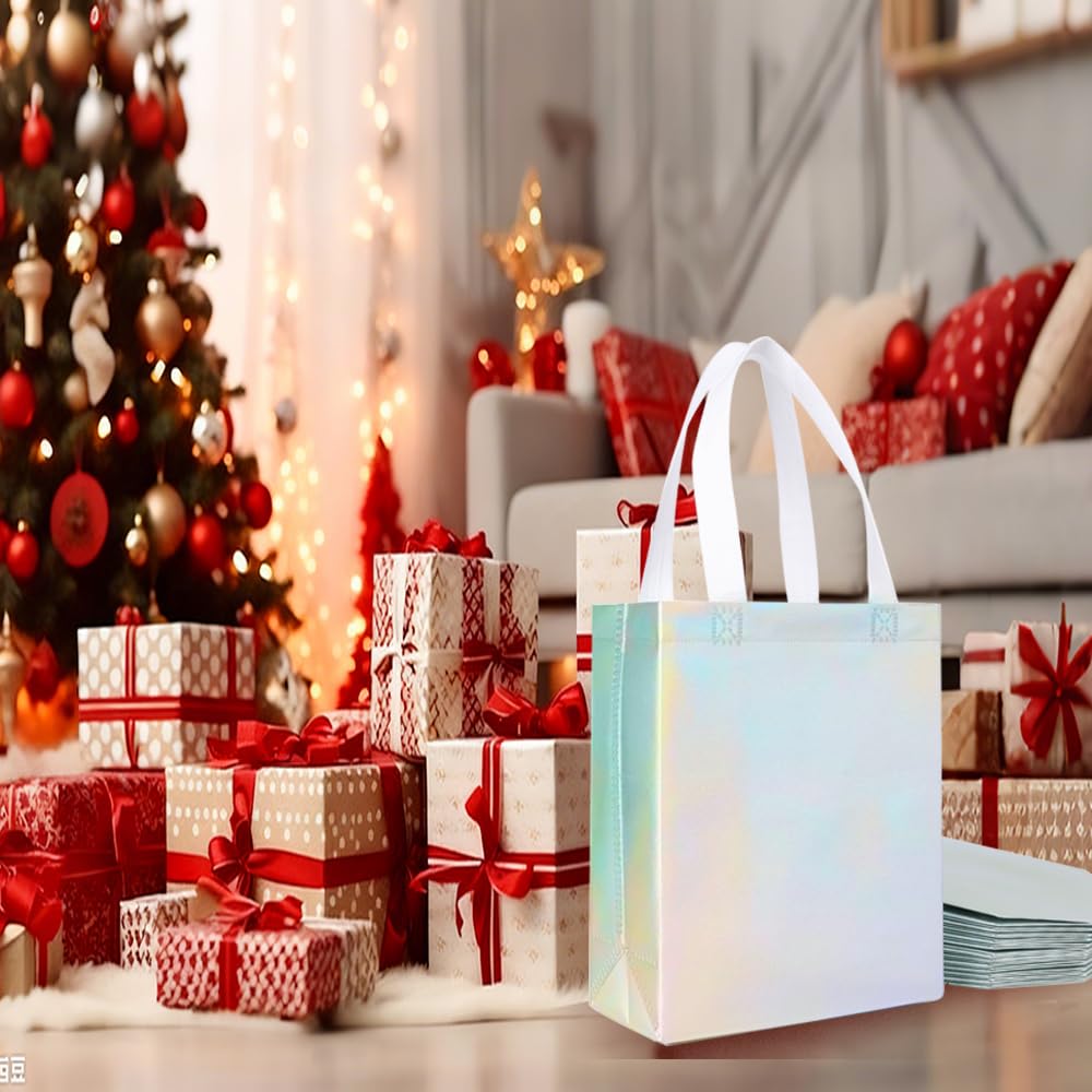 DELICAT 15 Pcs Iridescent Glossy Gift Bags with Handles 8x4x10 Inch,Holographic Reusable Gift Bags Medium Size & Sturdy Base, Holiday Goodie Bag suitable for Birthday,Party Favors,Wedding,Baby Shower