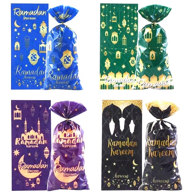 Ramadan Kareem Treat Bags, 100pcs Shining Gold Star Moon Lantern Party Cellophane Bags with Twist Ties Clear Plastic Gift Bags Goodie Cookies Candy Bags for Wedding ,Birthday Party ,Ramadan Mubarak Party Supplies