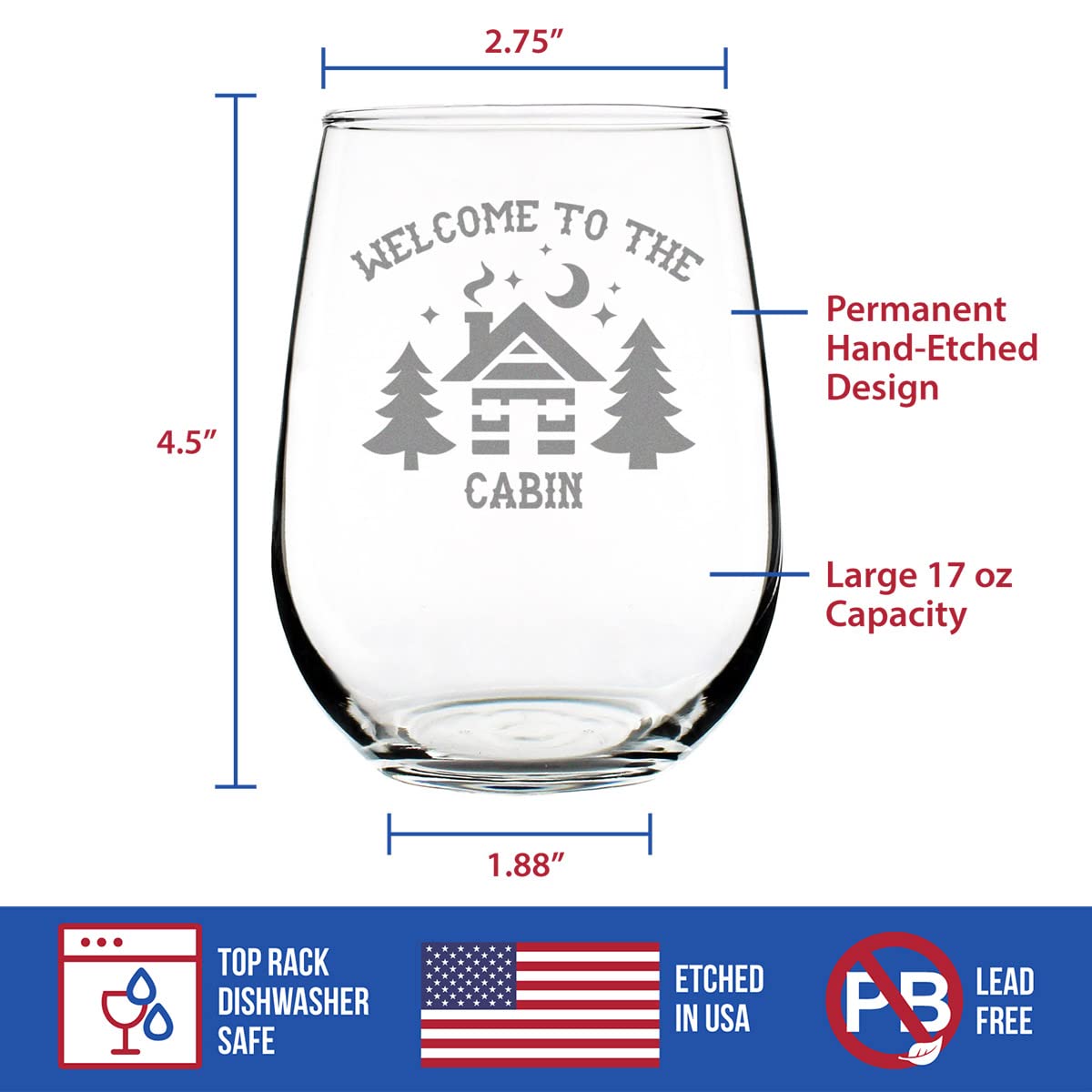 Bevvee Welcome To The Cabin - Stemless Wine Glass - Rustic Themed Gifts and Cabin Decor - Large 17 Ounce