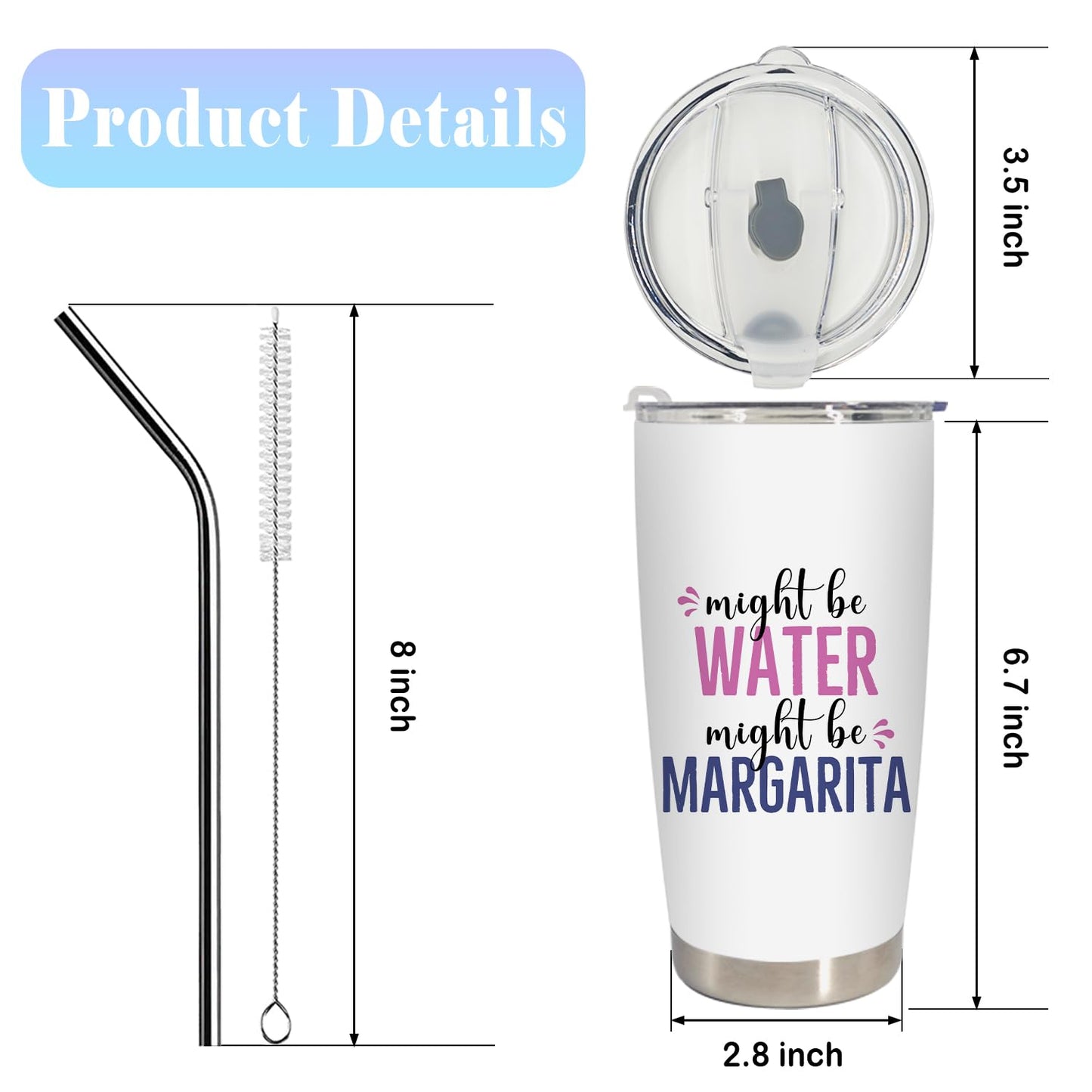 Margarita Gifts for Women Tumbler, Gifts for Cocktail Lovers Stainless Steel Tumbler with Lid and Straw 20oz, Might Be Water Might Be Margarita Travel Coffee Cup