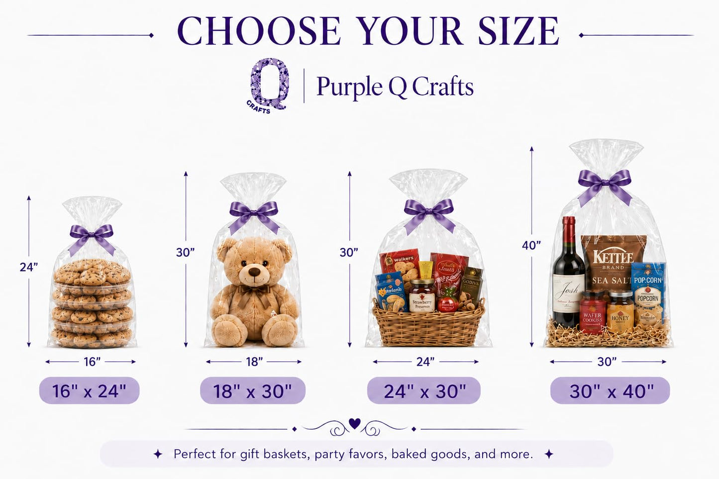 Purple Q Crafts 24" x 30" Cellophane Basket Bags – Pack Of 5 Clear Gift Basket Wrap Bags for Large Baskets, Hampers & Gifts, Extra Large Cello Bags