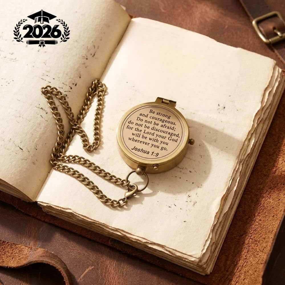 Compass – Brass Directional Vintage Compass Engraved with “Be Strong and Courageous” Joshua 1:9 Bible Verse, Baptism 2026 Communion Christian Inspirational Gifts for Women/Men