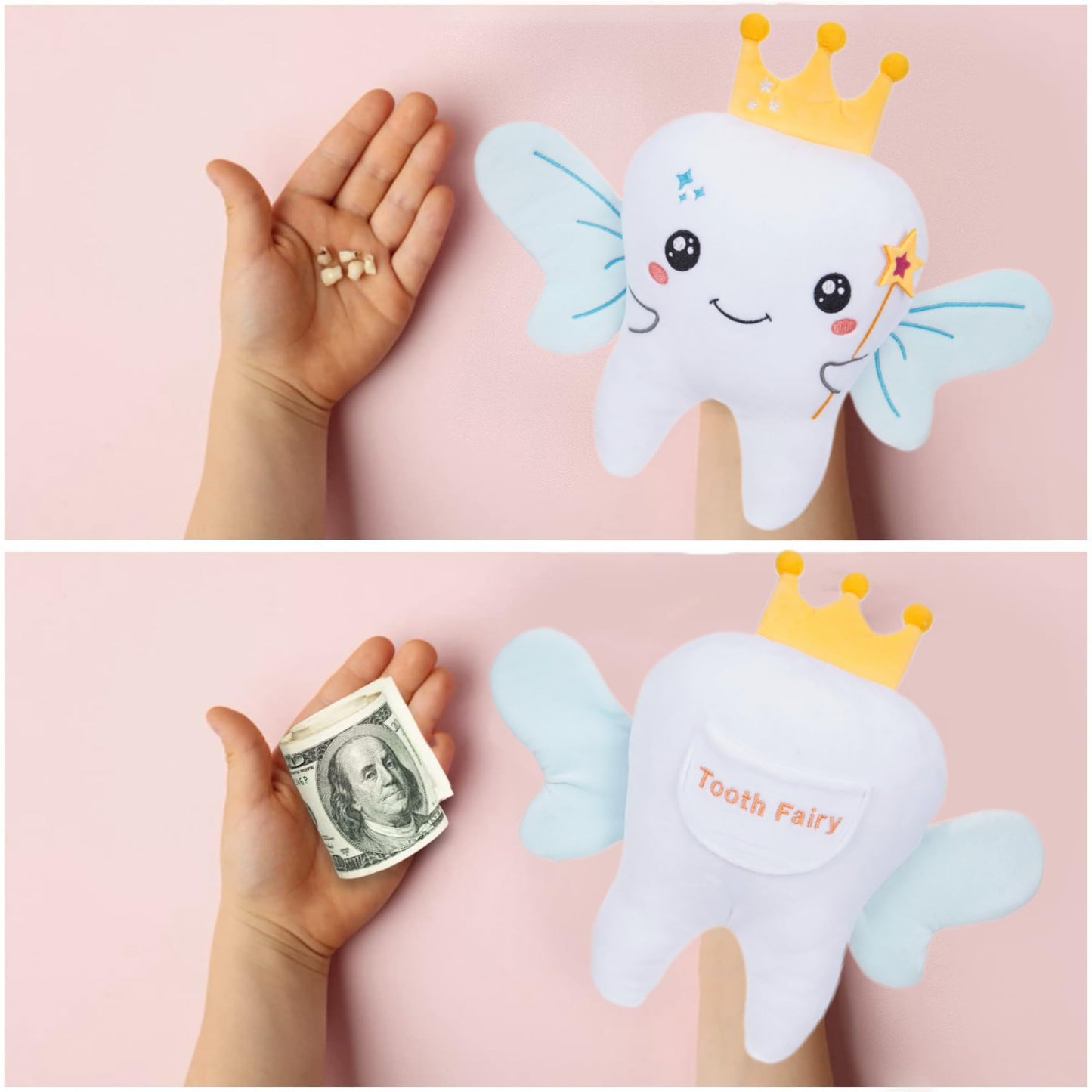 Tooth Fairy Plush Holder Gift – 12 Inch Big Tooth Pillow Crown Blue Wings Star Wand Kids' Tooth Fairy Gift for Boys Girls with Pocket