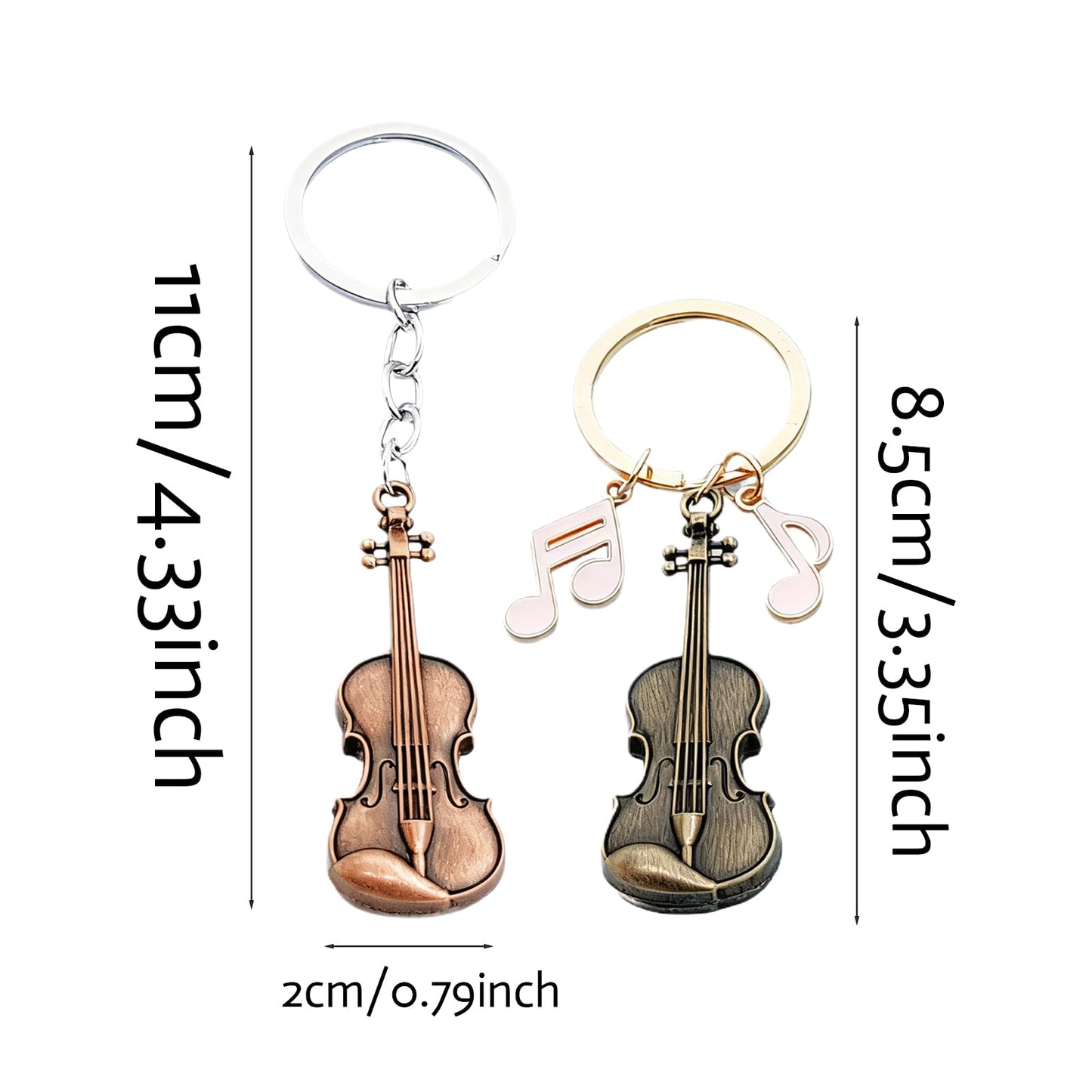 Zinc Alloy Violin Keychain, Weathered Charm in Bronze and Red Copper, Pocket-Sized Tiny Violin Keyring with Musical Notes - 4-Piece Set, Artistic Decor for Music Lovers