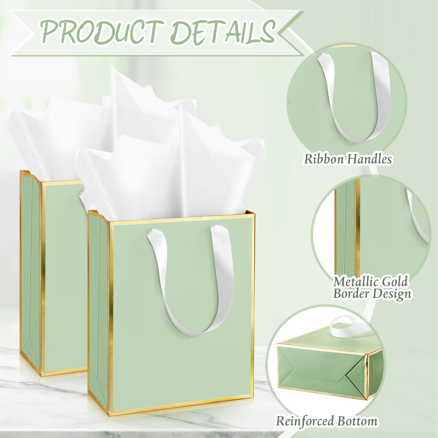 Yeaqee 10 Pack Metallic Paper Gift Bags with Handle Tissue Paper Thank You 5 Senses Gift Bag for Birthday Wedding Baby Shower Groomsmen Bridal Graduation Party Favor 9 x 7 x 3.15''(Sage Green,Gold)