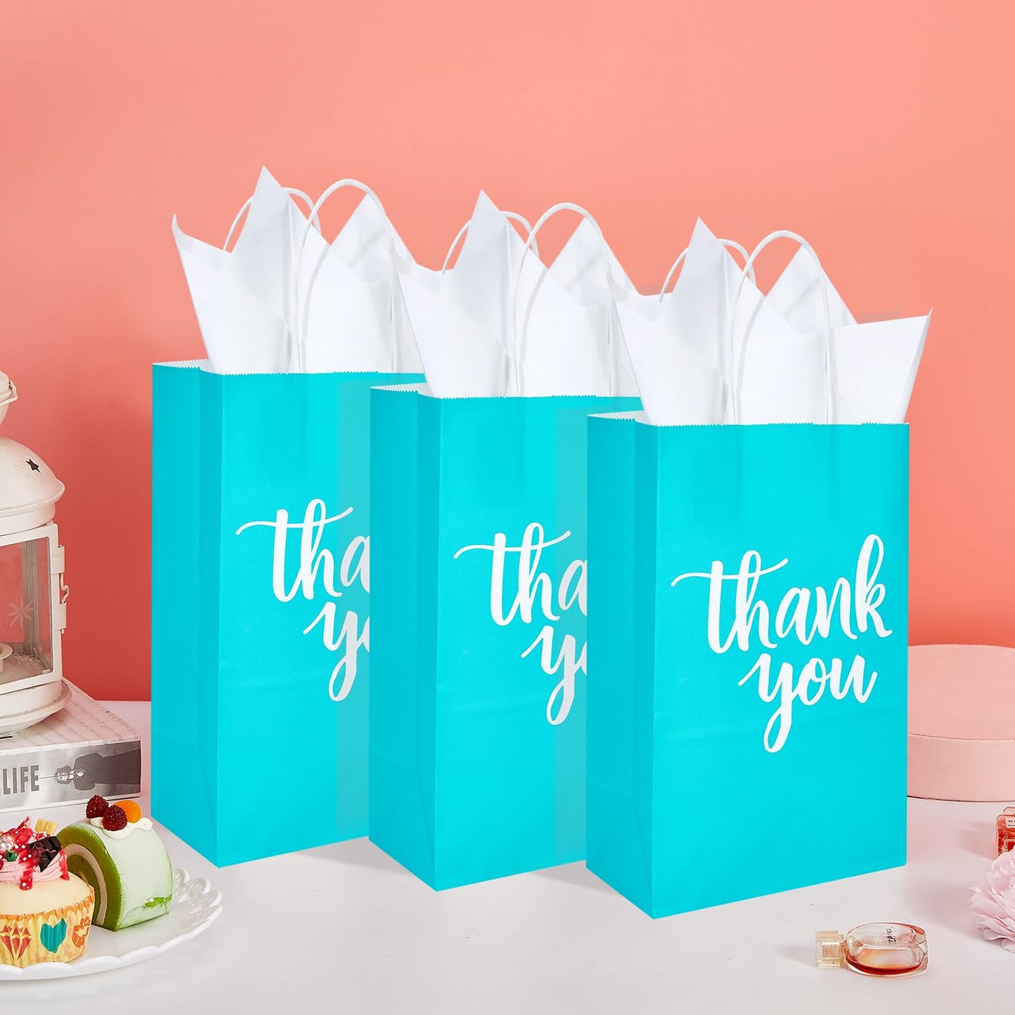 DjinnGlory 50 Pack Small Teal Blue Paper Bags with Handles 9x5.5x3.15 Inch and 50 White Tissue Paper, Thank You Gift Bags for Business Wedding Baby Shower Birthday Party Goodies
