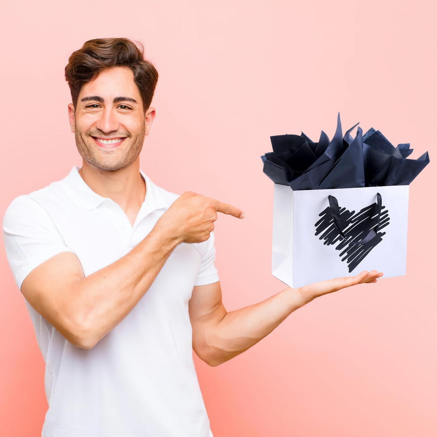 ysmile Large Gift Bag with Tissue Paper for Girl Women Mother Boy Father Birthday Anniversary Valentine 12.6" - White Black Heart
