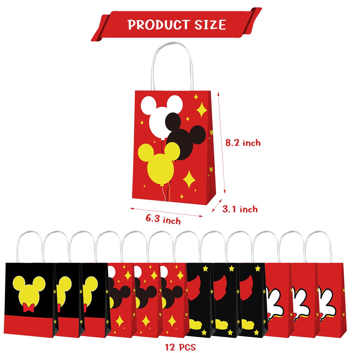 OU RUI 12Pcs Mouse Birthday Party Gift Bag Kids Birthday Candy Snack Carry Paper Bags Cartoon Mouse Theme Party Decoration Supplies