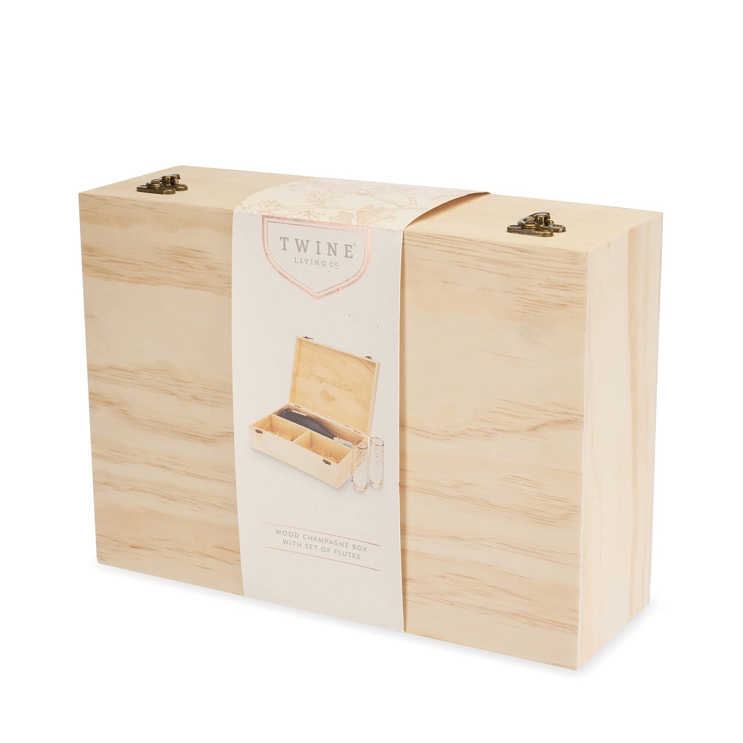 Twine Champagne Bottle Gift Box, Wine Box with Lid and 2 Stemless Flutes, Packing Straw, Holds 1 Champagne Bottle, Wood