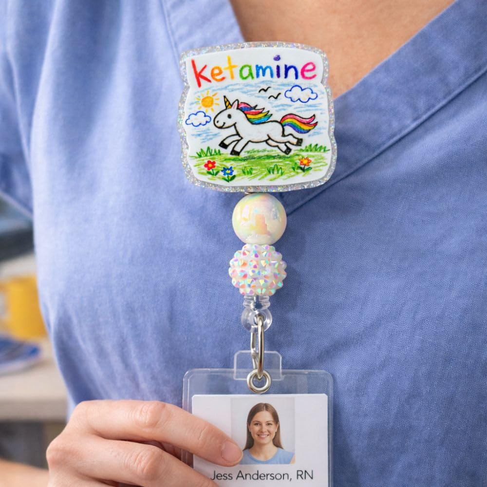 Anesthesia Unicorn Badge Reel Ketamine Propofol Retractable ID Name Holder ER ICU Hospital Clinic Accessories Gift for Anesthesiologist CRNA Surgical Tech Pharmacy Technician Psych Nurse