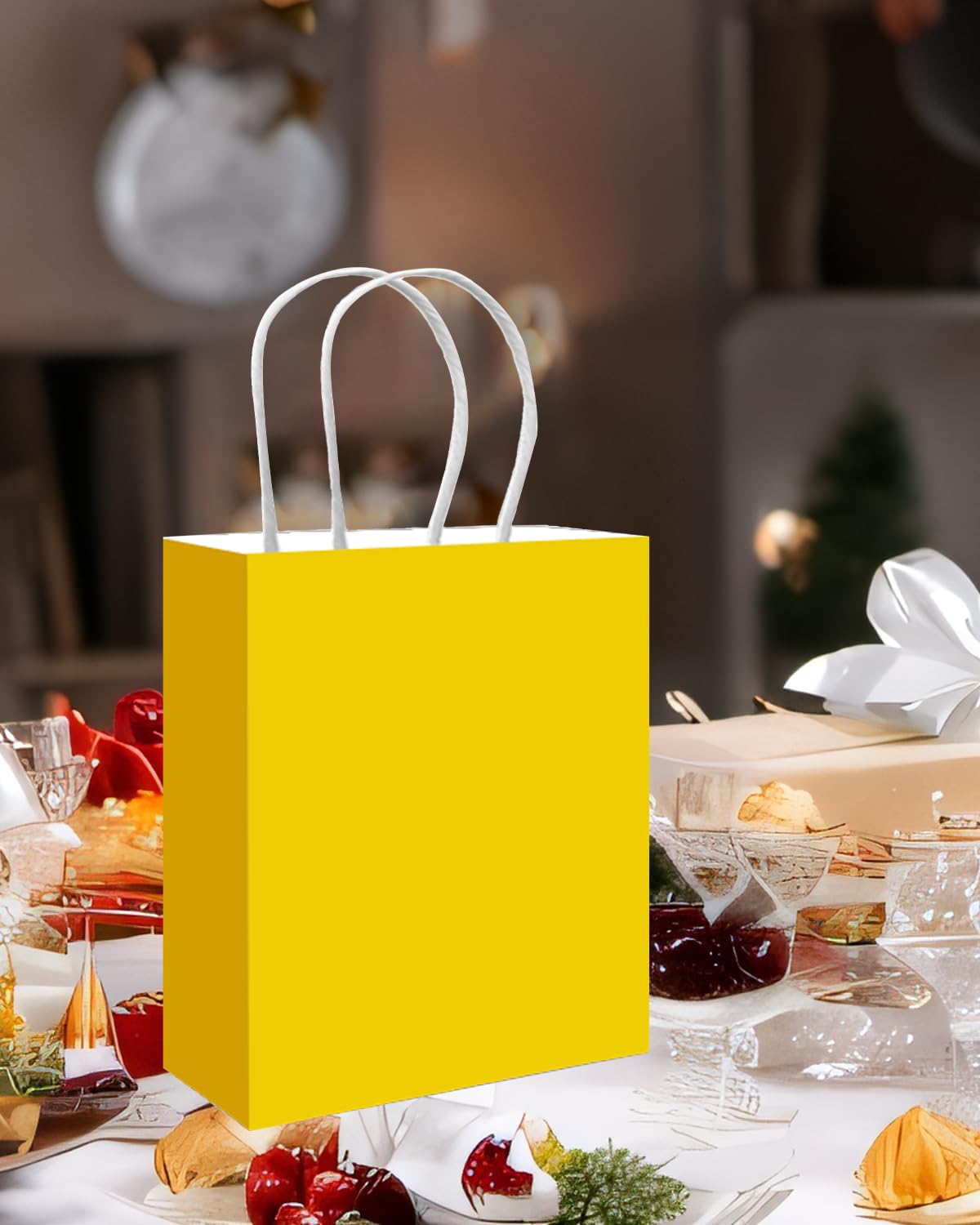 qiqee 100PCS Gift Bag with Handles Bulk Bright Yellow Paper Bags Multiple Uses (11"x5"x8"inch Medium Size)