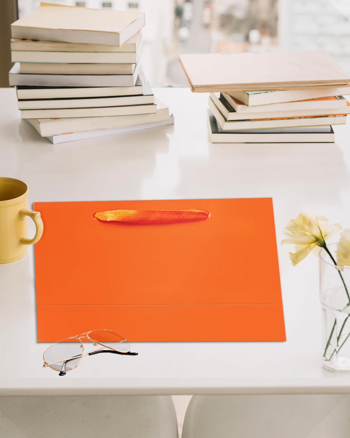 qiqee 5PCS Bright Orange Gift Bags with Ribbon Handles 9.6"x7.9"x4.3" Medium Size Gift Bags (Tissue Paper included, Medium Wide)
