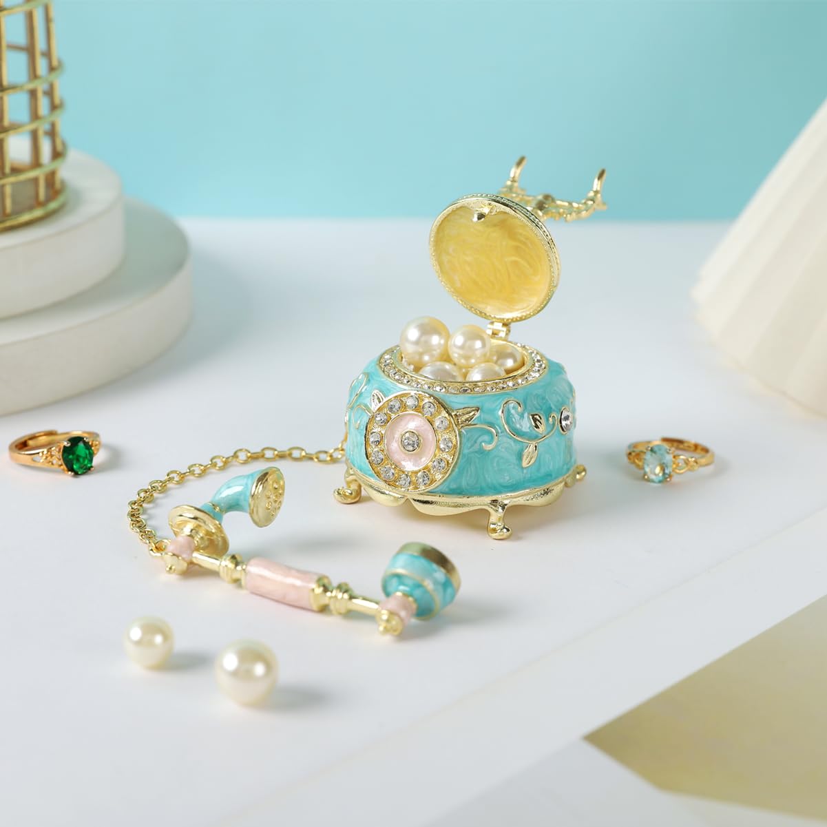 Retro Telephone Shape Trinket Boxes Hinged Hand-Painted Small Jewelry Box Enamel Wedding Favor Unique Gift for Women (Blue)