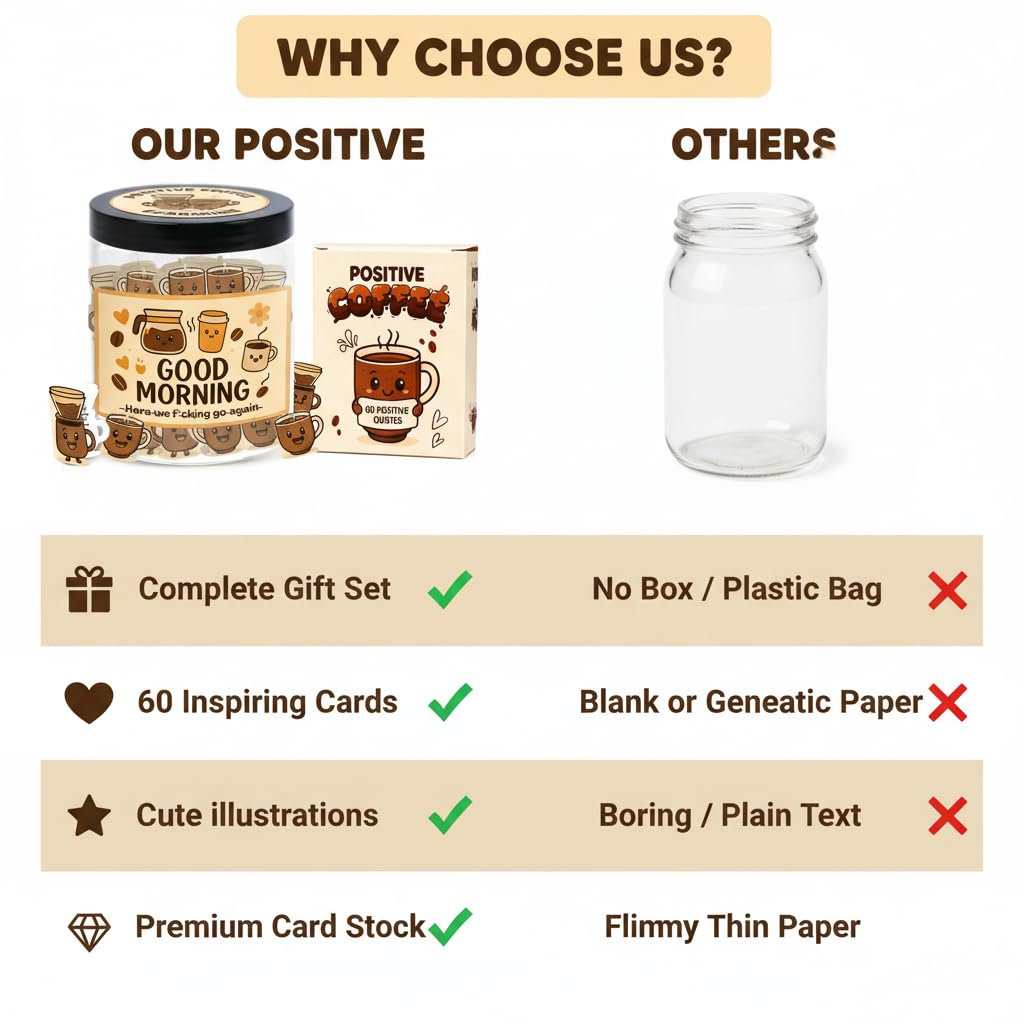 Positive Coffee Jar with 60 Affirmation Cards, Coffee Gifts For Women and Men, Dad, Mom, Coffee Themed Lover Gift, Emotional Support Latte, Cheer Up Funny Gag Gifts for Best Friends, Coworkers