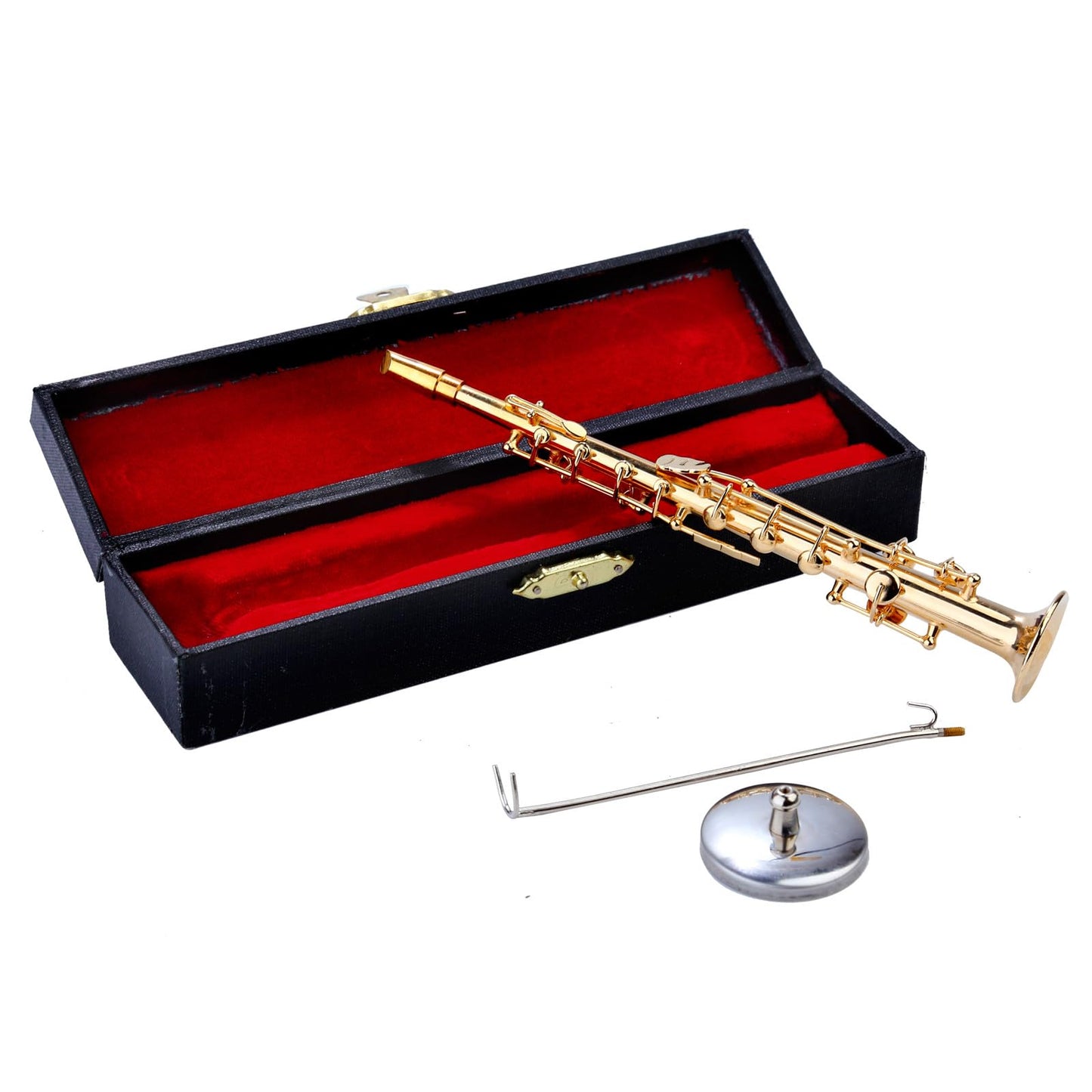 Miniature Soprano Saxophone with Stand and Case Brass Mini Musical Instrument Soprano Saxophone Replica Collectible Figurines Model Birthday Gifts Home Decoration Display Ornament (6.11")