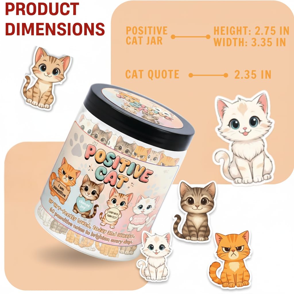 Positive Cat Jar with 60 Daily Affirmation Cards, Emotional Support Gift, Cute Kitty Decor, Cat Themed Gifts for Women, Inspirational Gifts for Cat Lovers