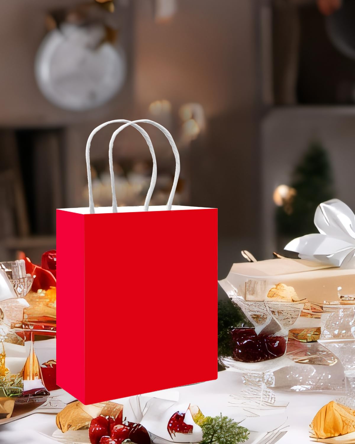qiqee 100PCS Gift Bag with Handles Bulk Red Paper Bags Multiple Uses (8.3"x3"x6"inch Small Size)
