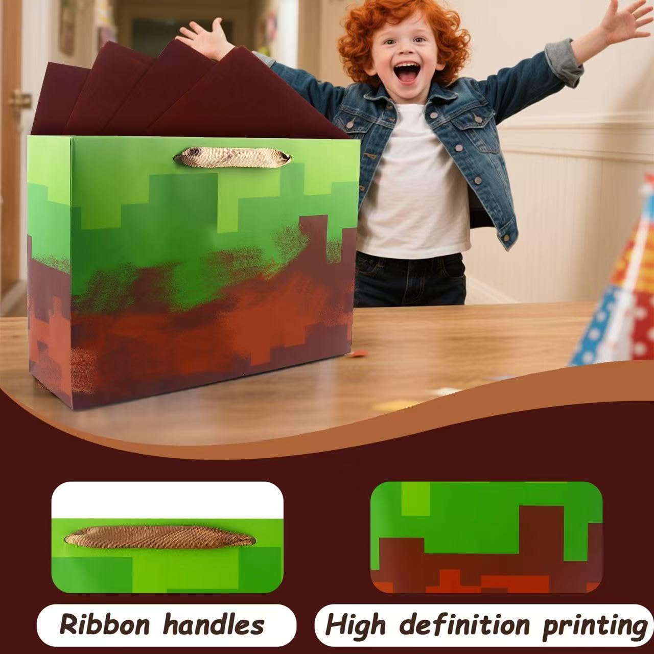 Jadsmpi 13" Large Pixel Gift Bags with Cards Tissue Paper,Green Wrapping Bag,Decoration Party for Boys Girls Kids Game Theme Birthday Gift Christmas Supplies