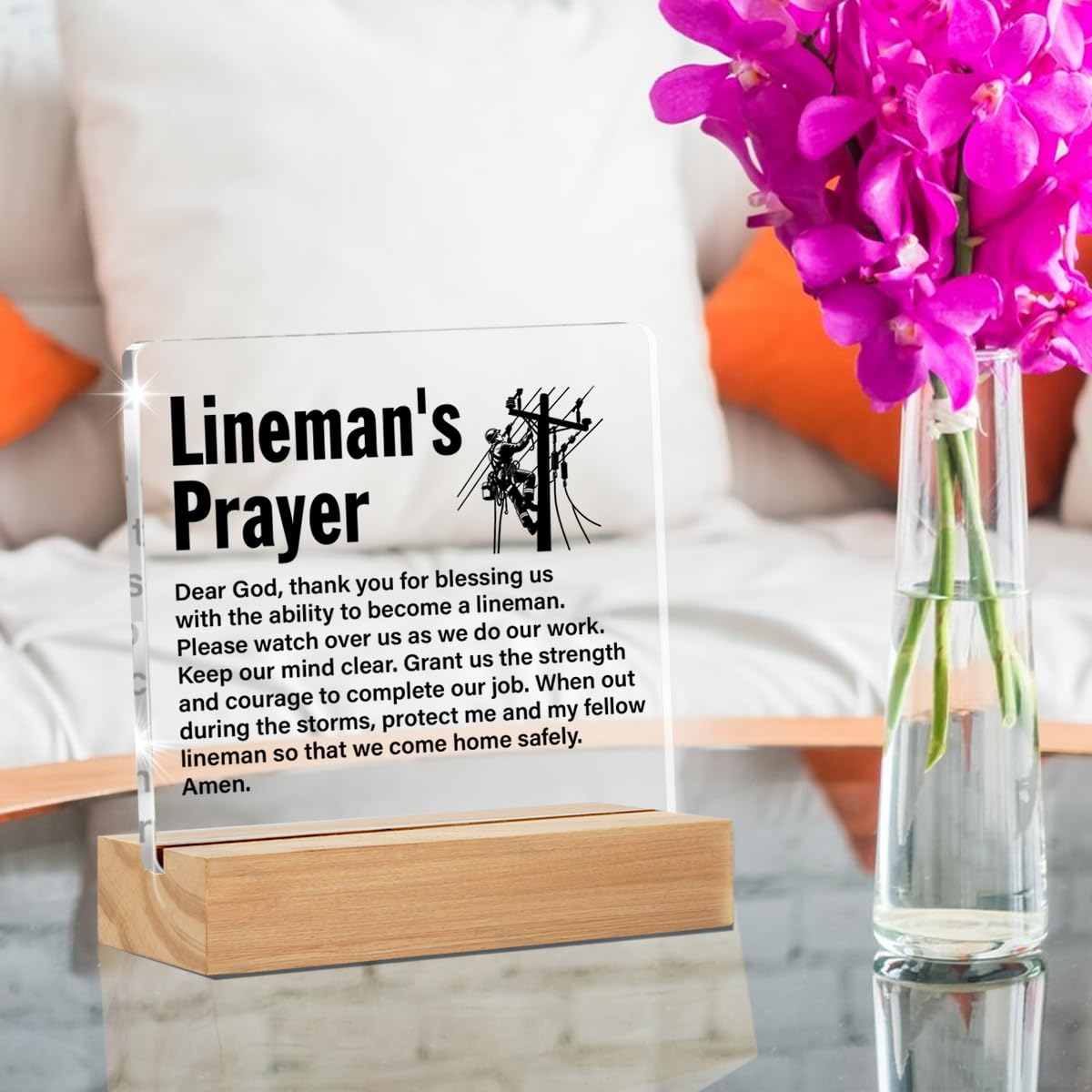 Lineman Gifts, Graduation Gift for Line Worker, Lineman Prayer Clear Desk Decorative Sign Home Office Acrylic Decor