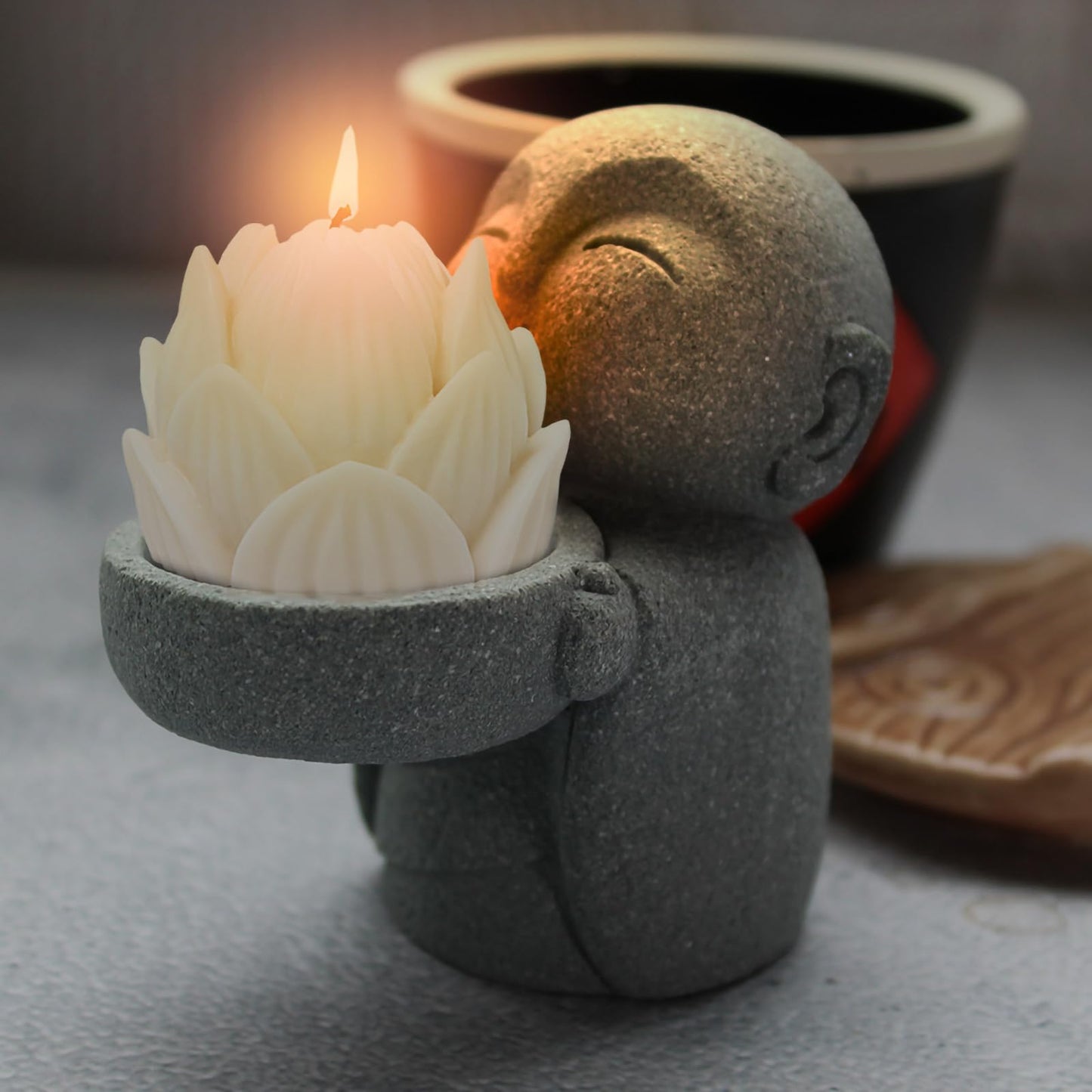 Sandstone Buddha Statue Candle & Incense Cone Holder, Small Jizo Figurine for Home Decor, Tiny Buddha Zen Monk Tealight Holder for Desk, Shelf or Nightstand, 3.5" H Mini Stone Decor Gift