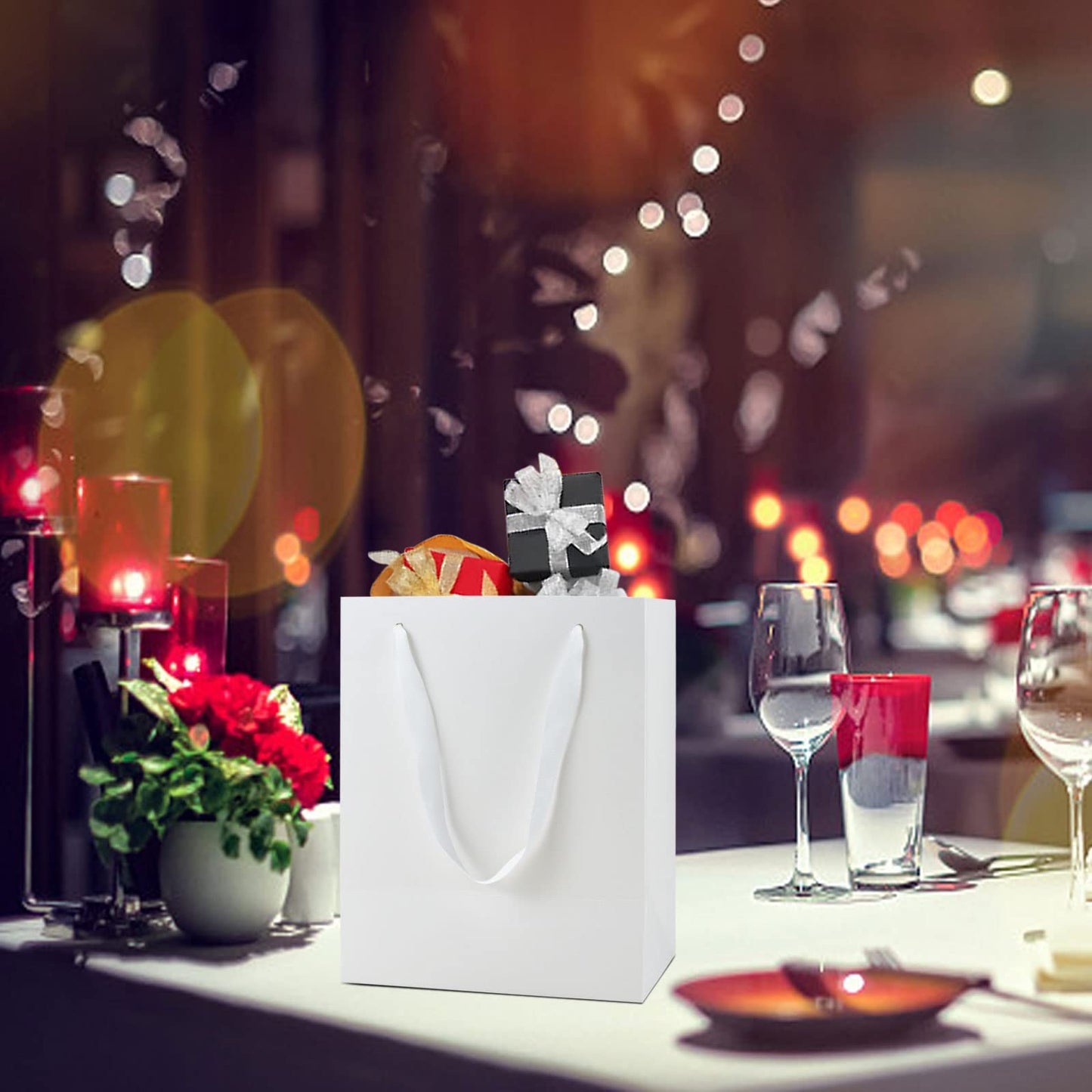 HUAPRINT 30 Pack White Medium Paper Bags with Handles - 8x5x10 inch Gift Wrap Bag for Retail,Party Favor,Merchandise,Business,Shopping,Wedding