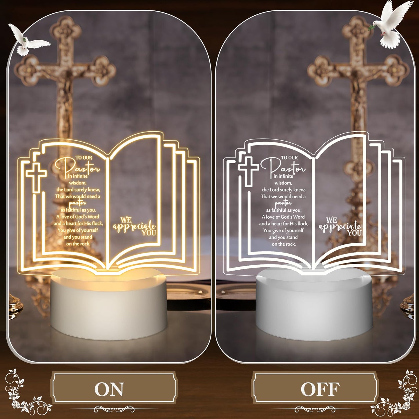 Kosiz 1 Pcs Pastor Appreciation Gifts LED Night Light Fathers Day Pastors Gift for Men Women Acrylic Clergy Lamp with Base Bible Verse for Father Church Christian Birthday Anniversary Graduation