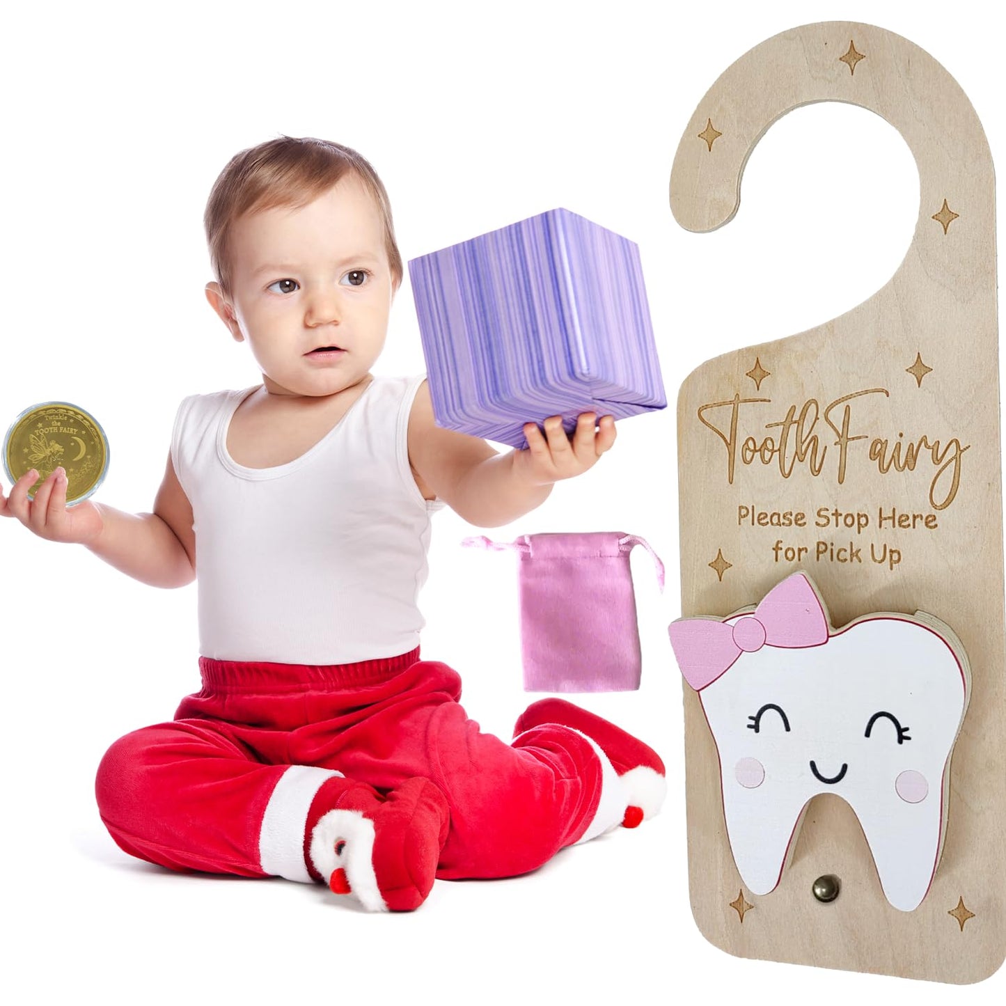 PAMBO Tooth Fairy Door Hanger, Wooden Tooth Fairy Money Holder with Tooth Coins for Lost Tooth Kids Gifts (Pink)