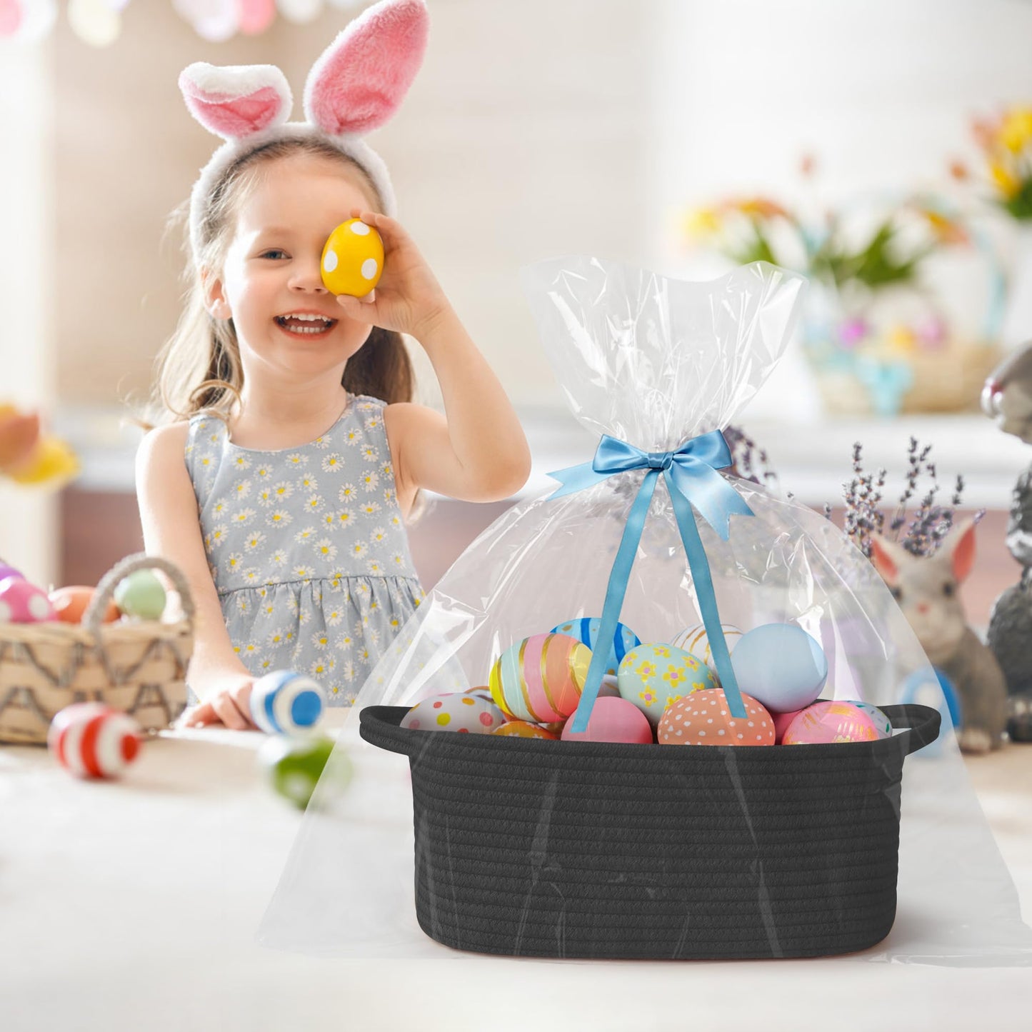 Black Basket for Gifts, Woven Gift Baskets Empty, Cotton Rope Storage Bin for Organizing, Cute Cat Dog Kids Toy Box, Decorative Baby Nursery Closet Organizer, Wicker Easter Basket with Handle