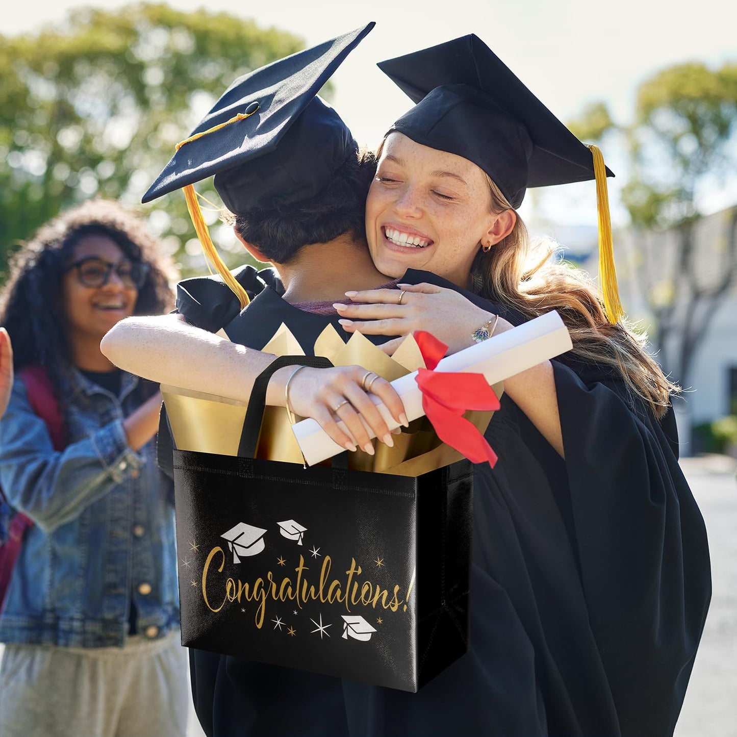 ysmile 2-Pack 2026 Graduation Gift Bags with Tissue Paper & Cards – Reusable Non-Woven Totes for Grad Congrats (12.6", White Colorful & Black Gold)