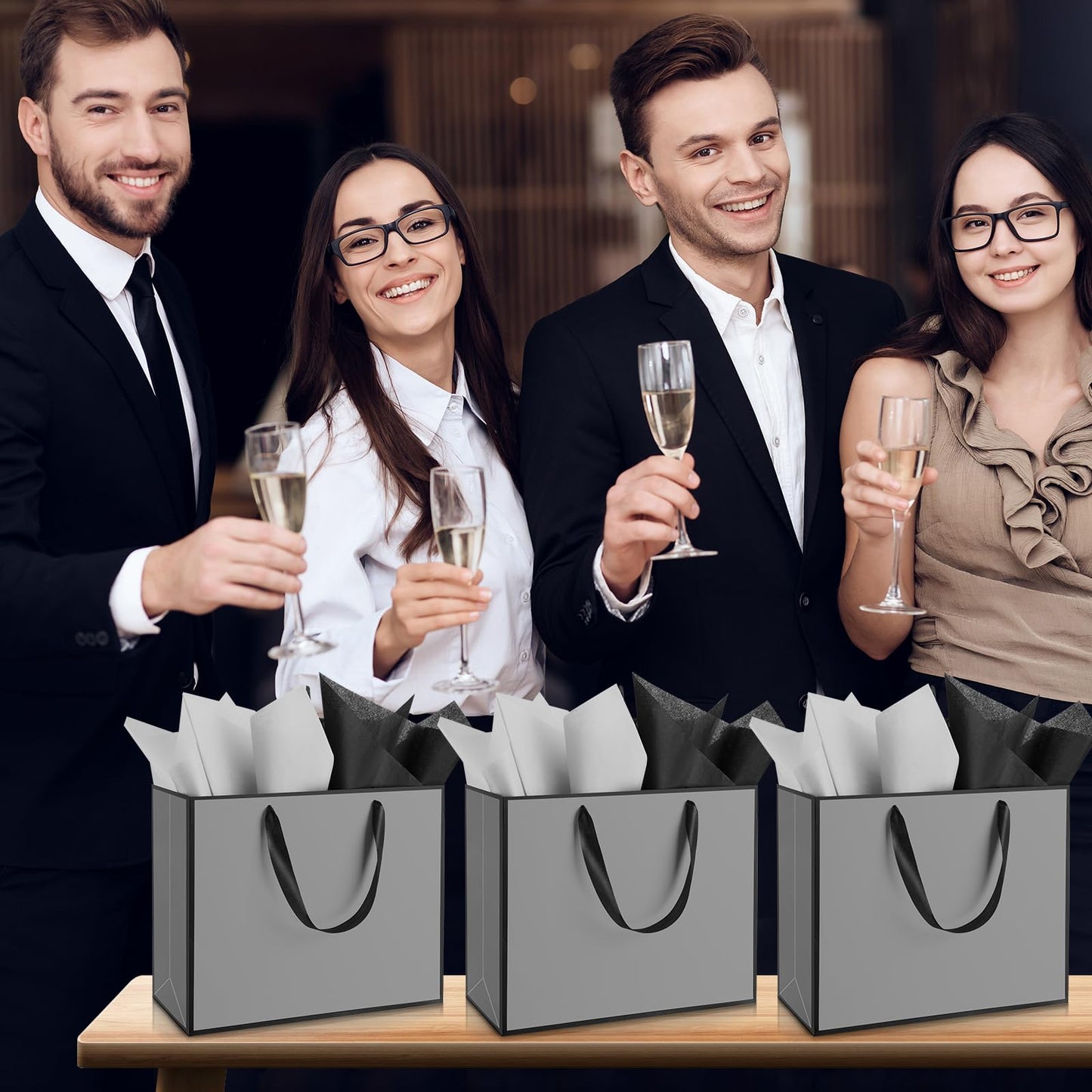 ReliThick 12 Pack Metallic Paper Gift Bag with Handles and Tissue Paper 11.8 x 10 x 4'' Thank You Favor Bag for Graduation Mother's Day Wedding Bridesmaid Groomsman 5 Senses Gifts (Gray,Black)