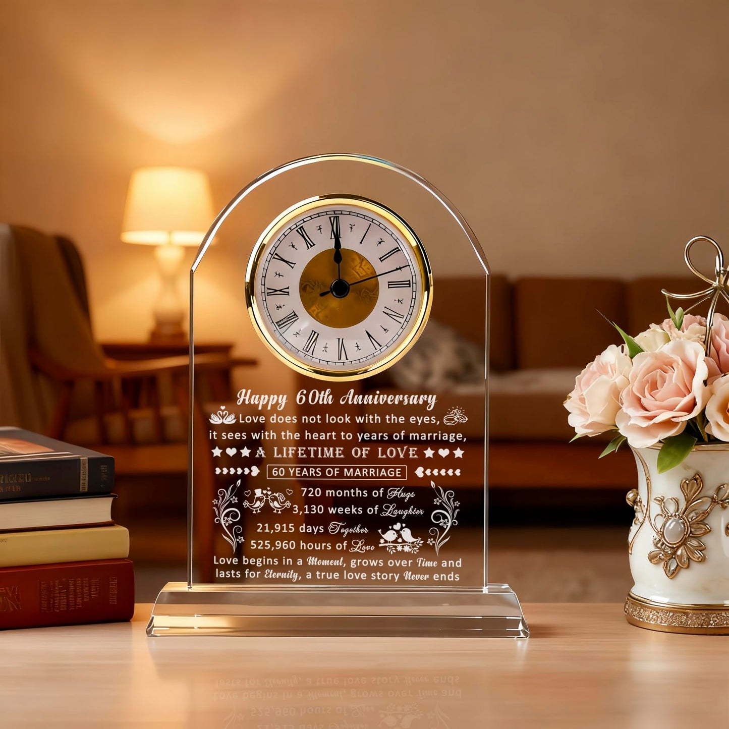 60th Wedding Anniversary Glass Quartz Clock Gifts for Women Men, 60 Year Anniversary Romantic Gift for Him Her, Diamond Anniversary Clock Gifts for Couple, 60 Years of Marriage Gifts