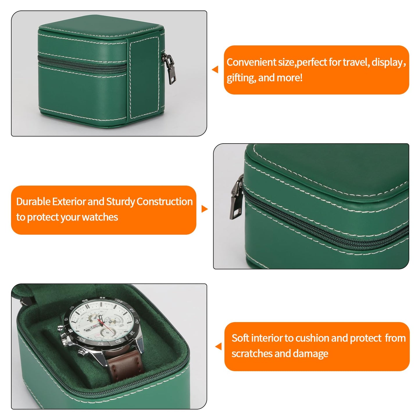 Single Watch Box, Small Watch Travel Cases for Men Women, Portable Zipper Wristwatches Storage Holder Boxes with Removable Pillow (Green)