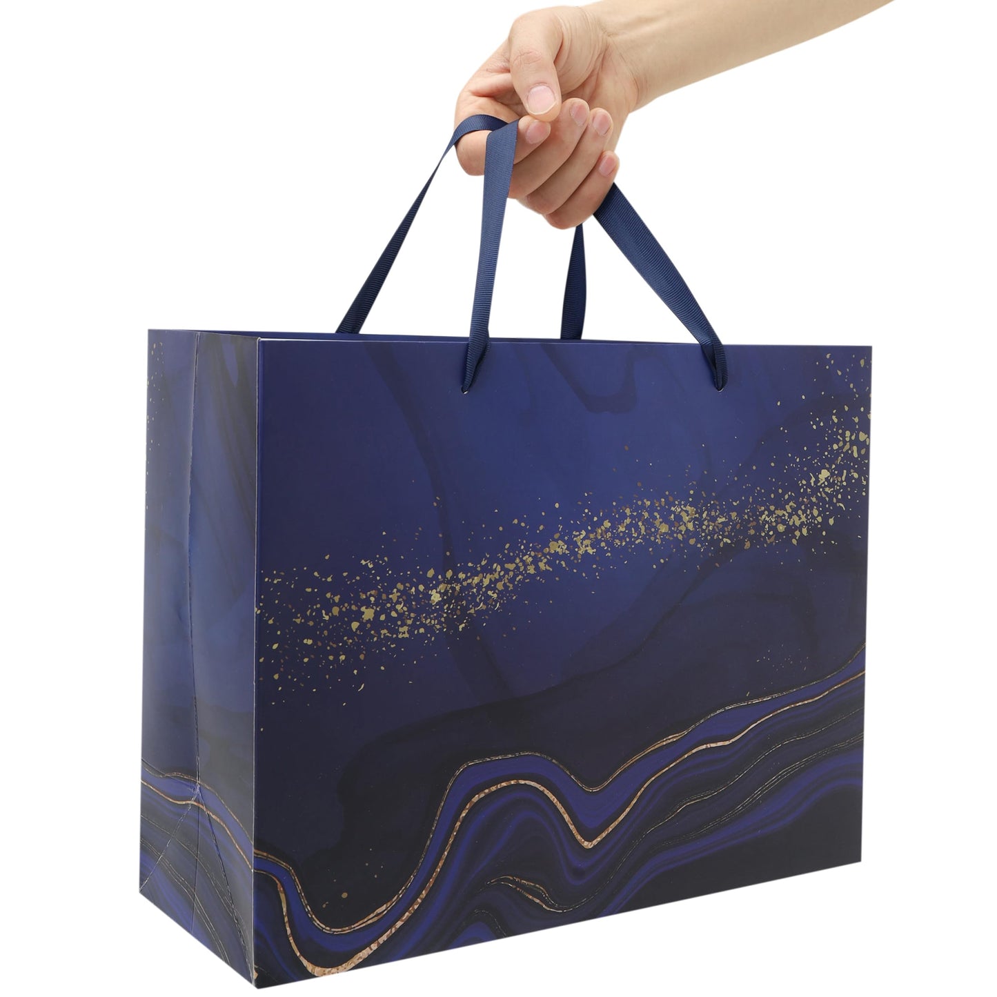 13'' Large Blue Marble Gift Bag Set with Handles, Greeting Card, Tissue Papers and Stickers for Men Boys Kids for Birthdays, Fathers Day, Graduations, Christmas, Baby Showers, Marble Design, 1 Pcs