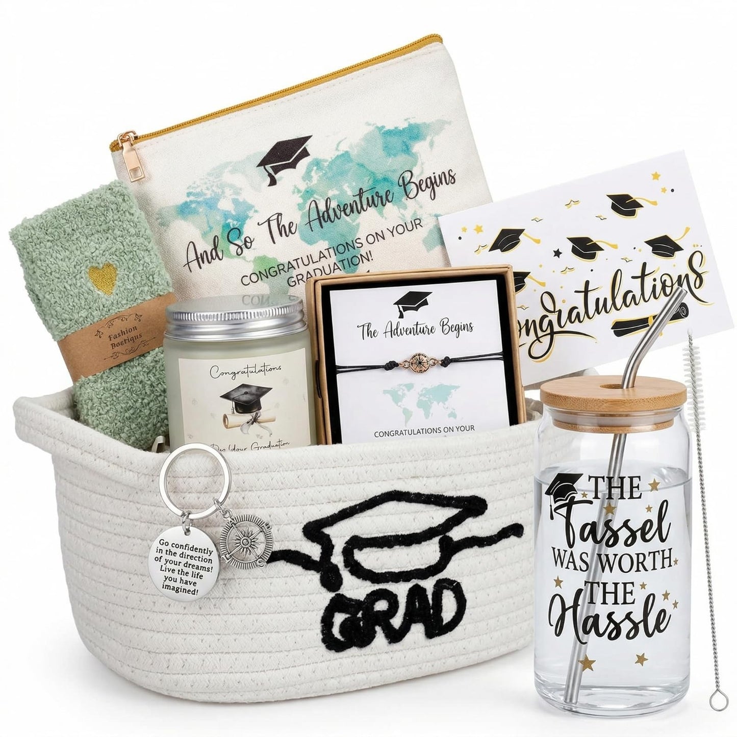 Zopeal Graduation Gift Basket for Her 2026,Graduation Gift Set with Glass Tumbler,Makeup Bag,Candle,Socks,Bracelet,Keychain,Card,College Grad Gifts for Her Women Daughter Granddaughter(White)