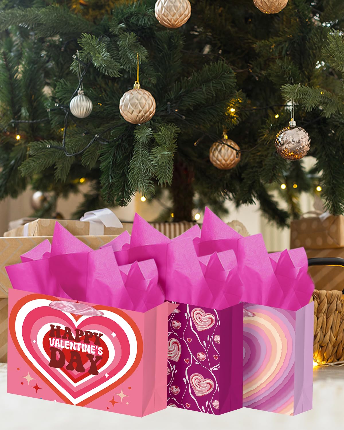 qiqee Heart Valentine Gift Bag with Tissue Paper Wide Medium Present Wrap Bags for Women Girlfriend Classroom Happy Valentine's Day (3 PCS Medium + Tissue Papers)