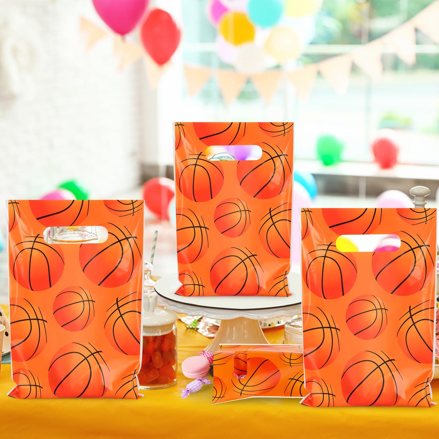 Hooqict 50PCS Basketball Gift Bags with Handle Basketball Party Favor Bags Snack Goodie Treat Candy Bag for Kids Boys Men Sport Themed Birthday Party Supplies (9.8 x 6.7 Inch)