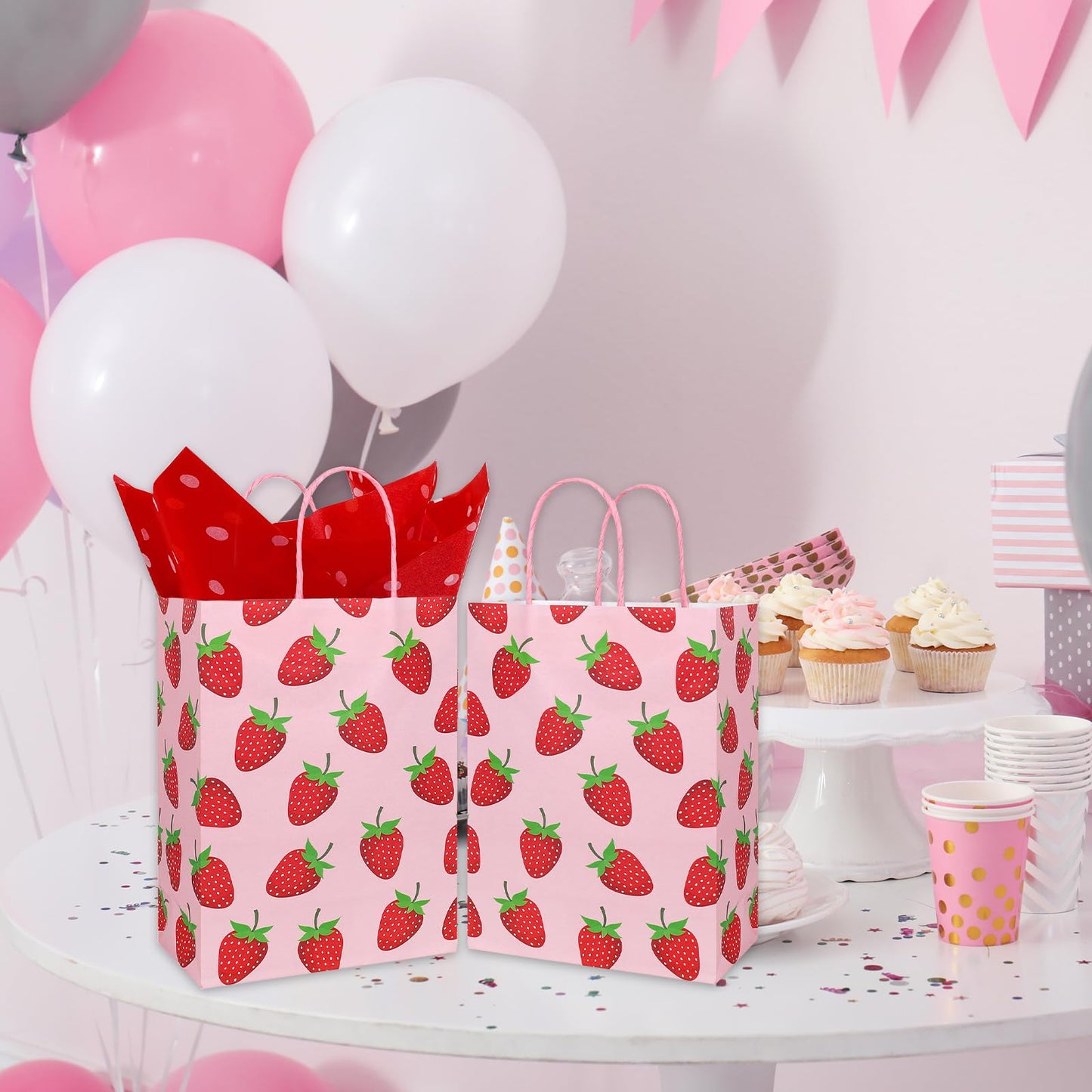 Whaline 16 Pcs Strawberry Party Favor Bags with 20 Sheets Red Tissue Paper Pink Paper Gift Bags with Handles Fruit Goodie Treat Bag for Sweet One Birthday Baby Shower Party Supplies