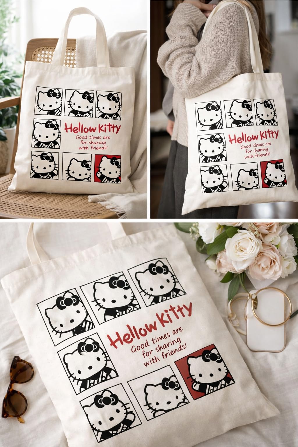 Hello® Kitty Tote bag, Economical Cotton Tote Bag, Lightweight Medium Reusable Grocery Shopping bag Gym, Beach bag