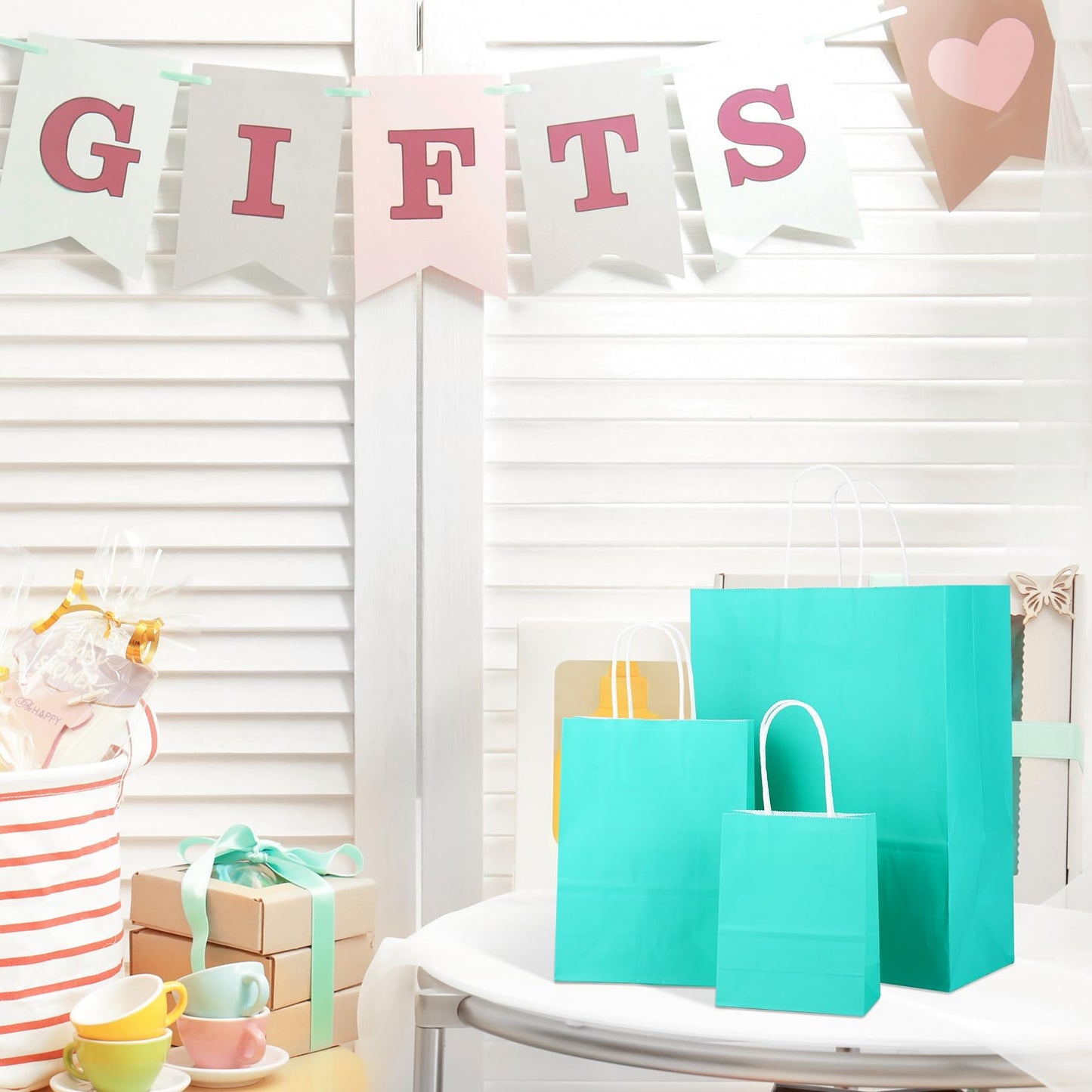 MIMIND 144 Pieces Teal Blue Gift Bags with Handles Assorted Sizes Mint Turquoise Paper Goodie Bags Bulk Party Favor Bags Supplies Baby Shower Birthday Wedding Engagement Bridal