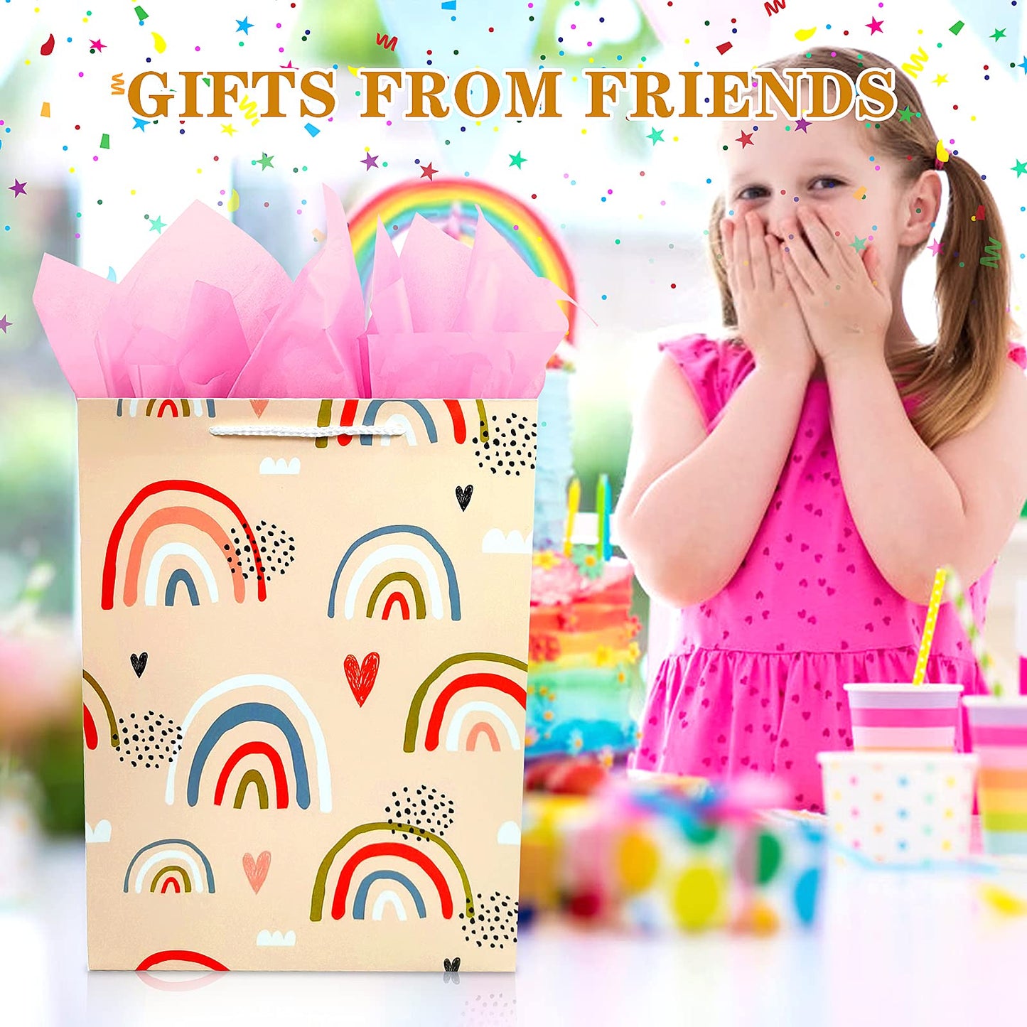 Gift Bag for Girls, Birthday Large Gift Bag Bulk Set Included 2 Pack Paper Gift Bags with Tissue Paper, Rainbow Gift Bags for Kids, Baby, The Colorful Pink Red Gift Bags with Handles, The Pretty Present Bag Gift Bags for Birthday, Party, Baby Shower...
